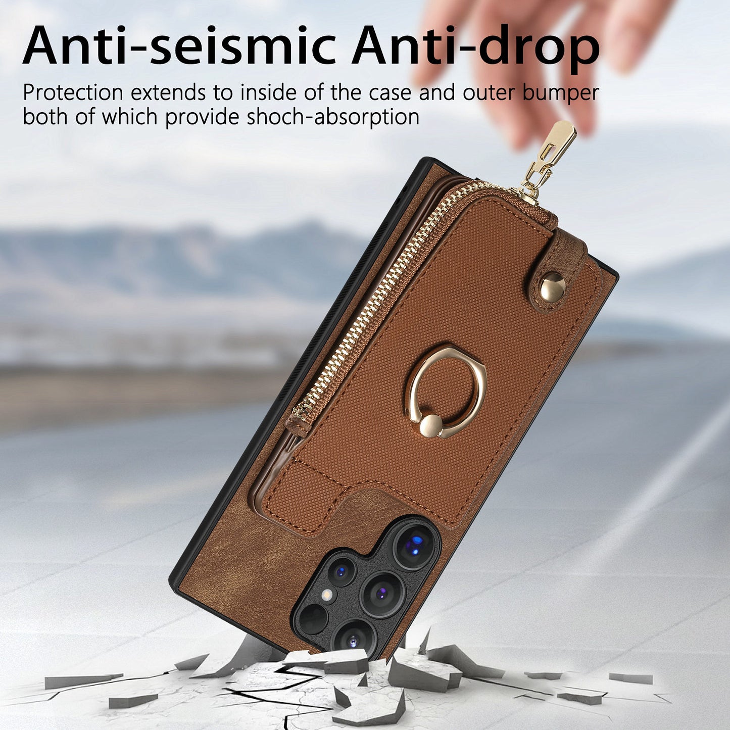 For Samsung Galaxy S24 Ultra Leather Back Case with Vertical Card Holder Ring Kickstand Black - Brown
