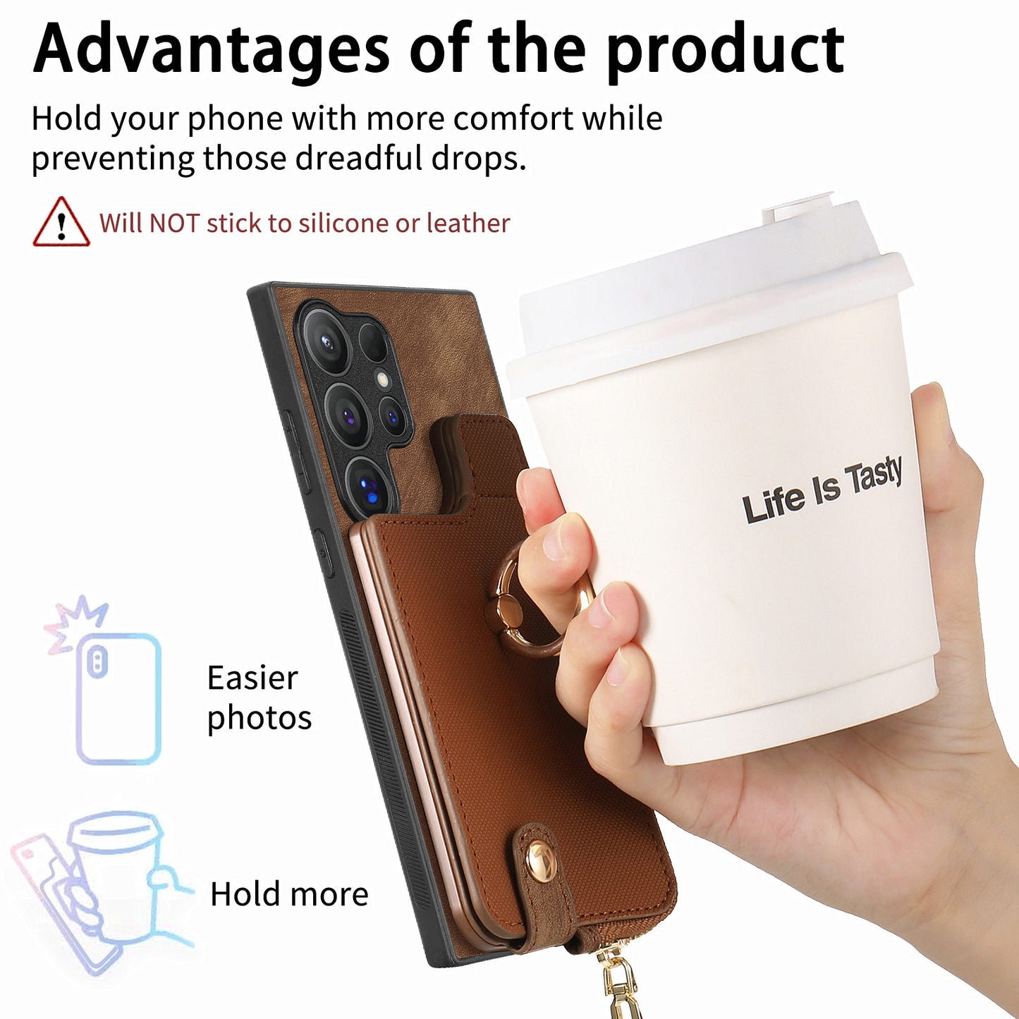 For Samsung Galaxy S24 Ultra Leather Back Case with Vertical Card Holder Ring Kickstand Black - Brown
