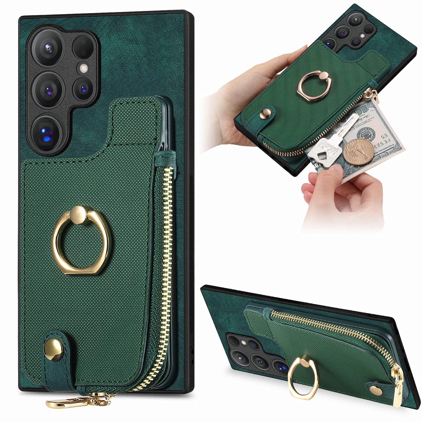 For Samsung Galaxy S24 Ultra Leather Back Case with Vertical Card Holder Ring Kickstand Black - Green
