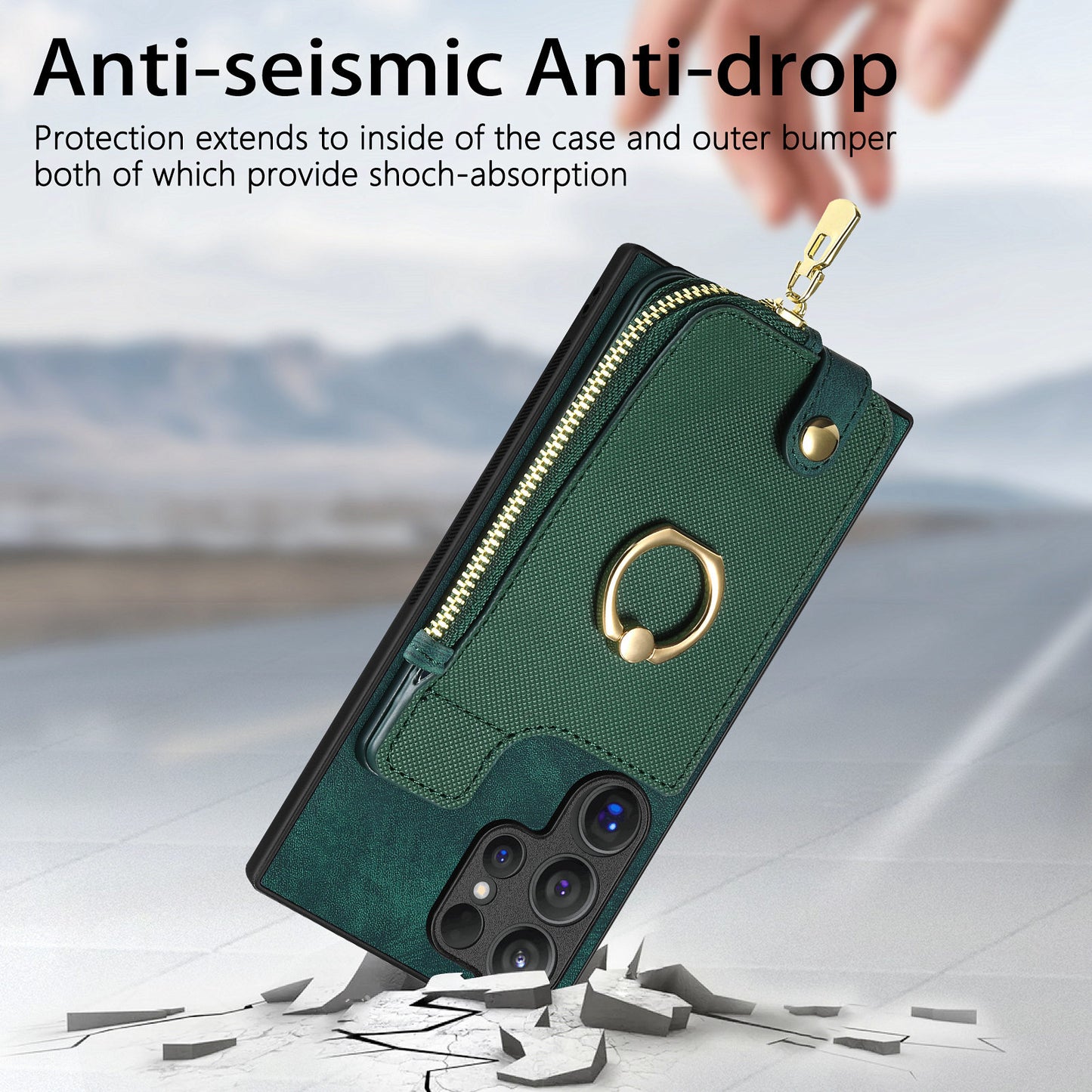 For Samsung Galaxy S24 Ultra Leather Back Case with Vertical Card Holder Ring Kickstand Black - Green