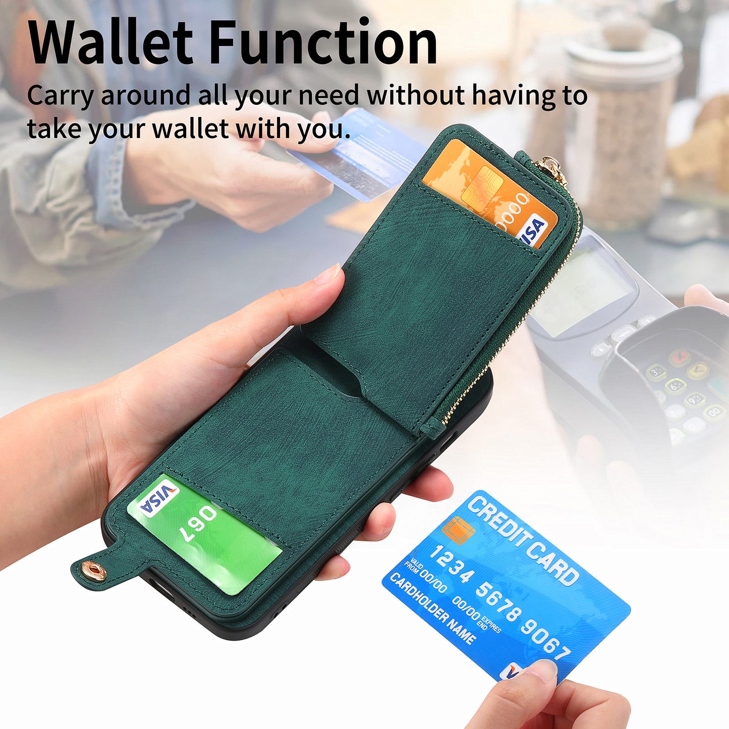 For Samsung Galaxy S24 Ultra Leather Back Case with Vertical Card Holder Ring Kickstand Black - Green