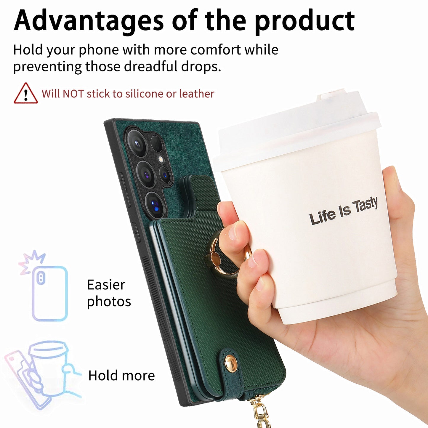 For Samsung Galaxy S24 Ultra Leather Back Case with Vertical Card Holder Ring Kickstand Black - Green