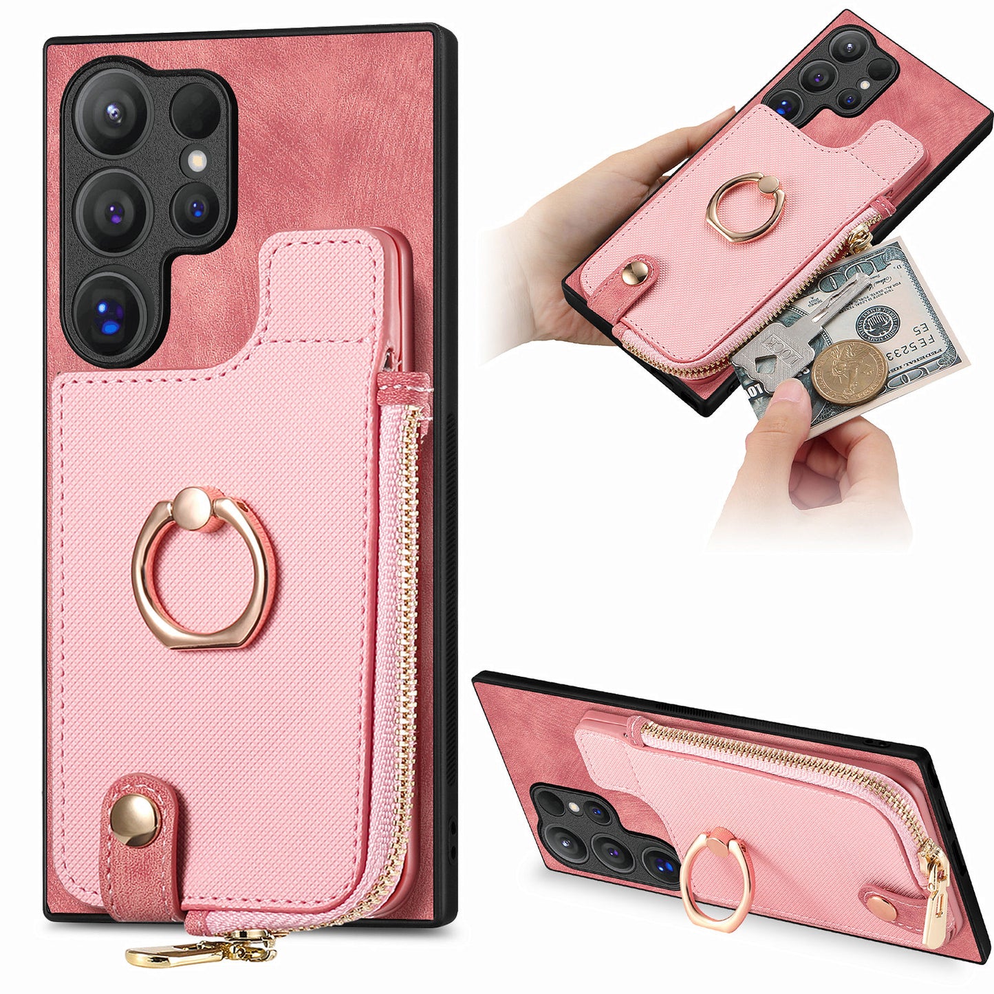 For Samsung Galaxy S24 Ultra Leather Back Case with Vertical Card Holder Ring Kickstand Black - Pink