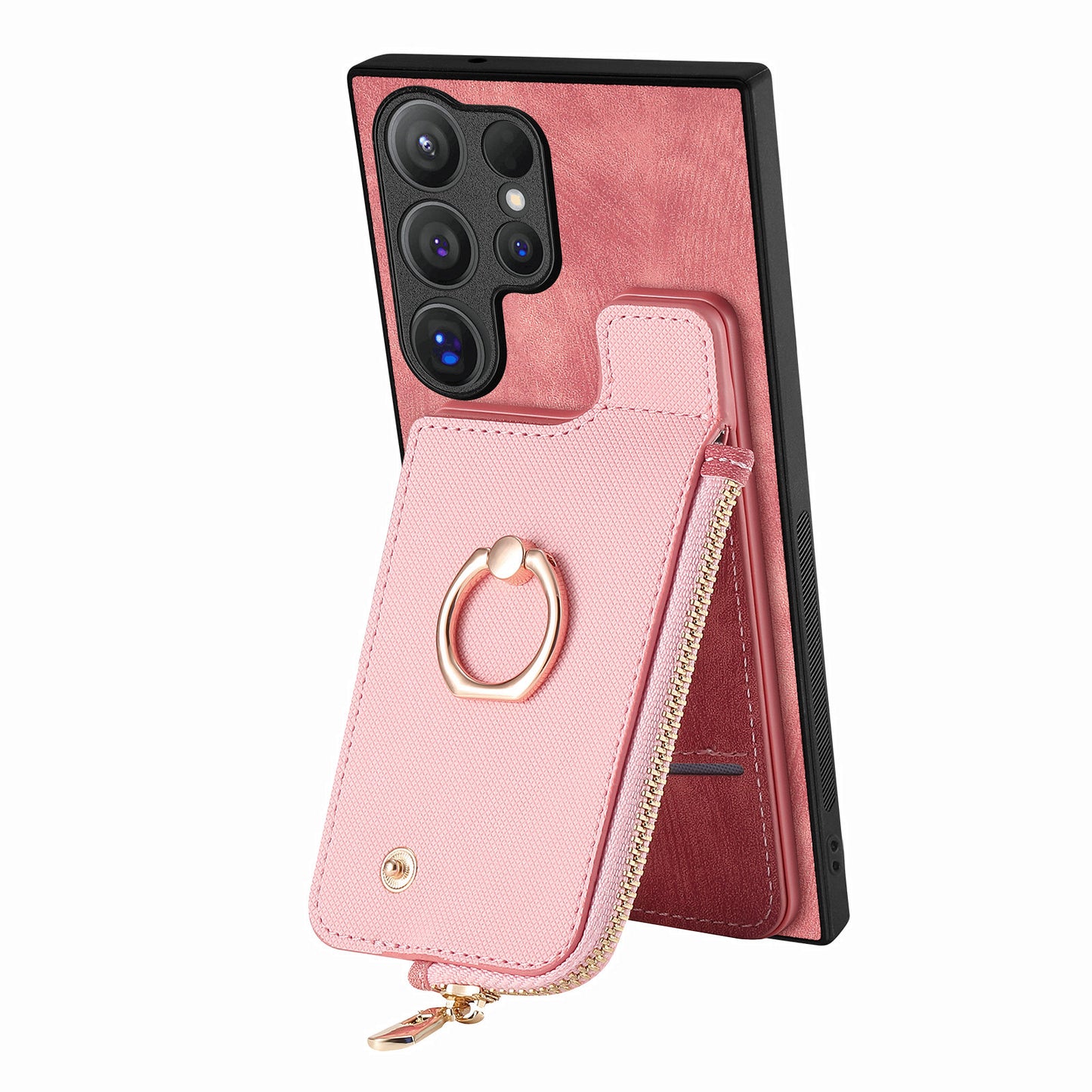 For Samsung Galaxy S24 Ultra Leather Back Case with Vertical Card Holder Ring Kickstand Black - Pink