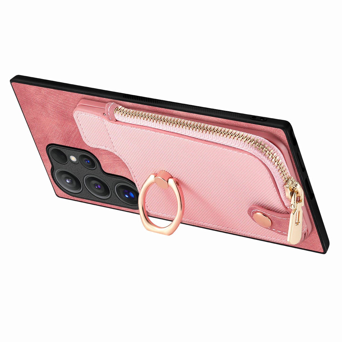 For Samsung Galaxy S24 Ultra Leather Back Case with Vertical Card Holder Ring Kickstand Black - Pink