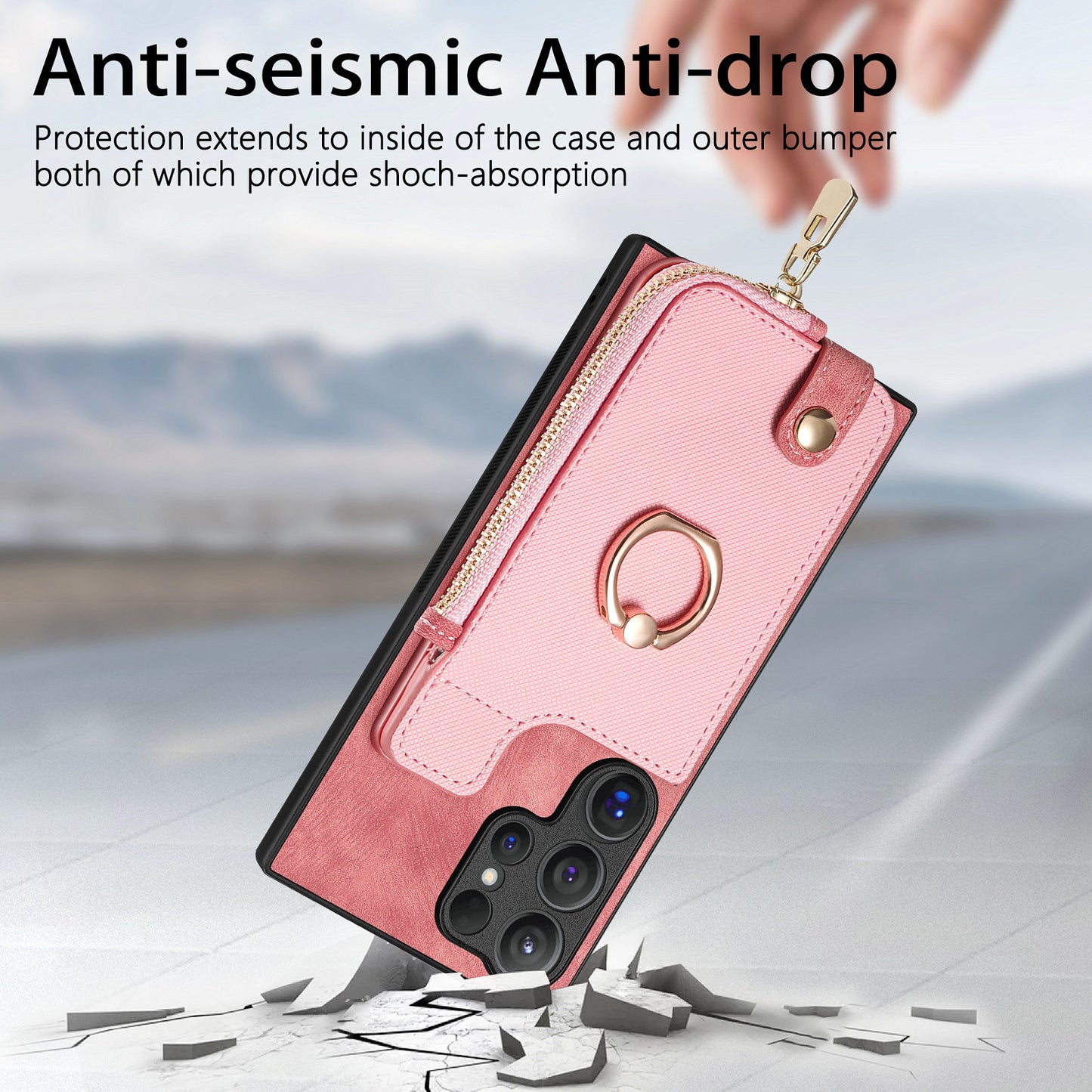 For Samsung Galaxy S24 Ultra Leather Back Case with Vertical Card Holder Ring Kickstand Black - Pink