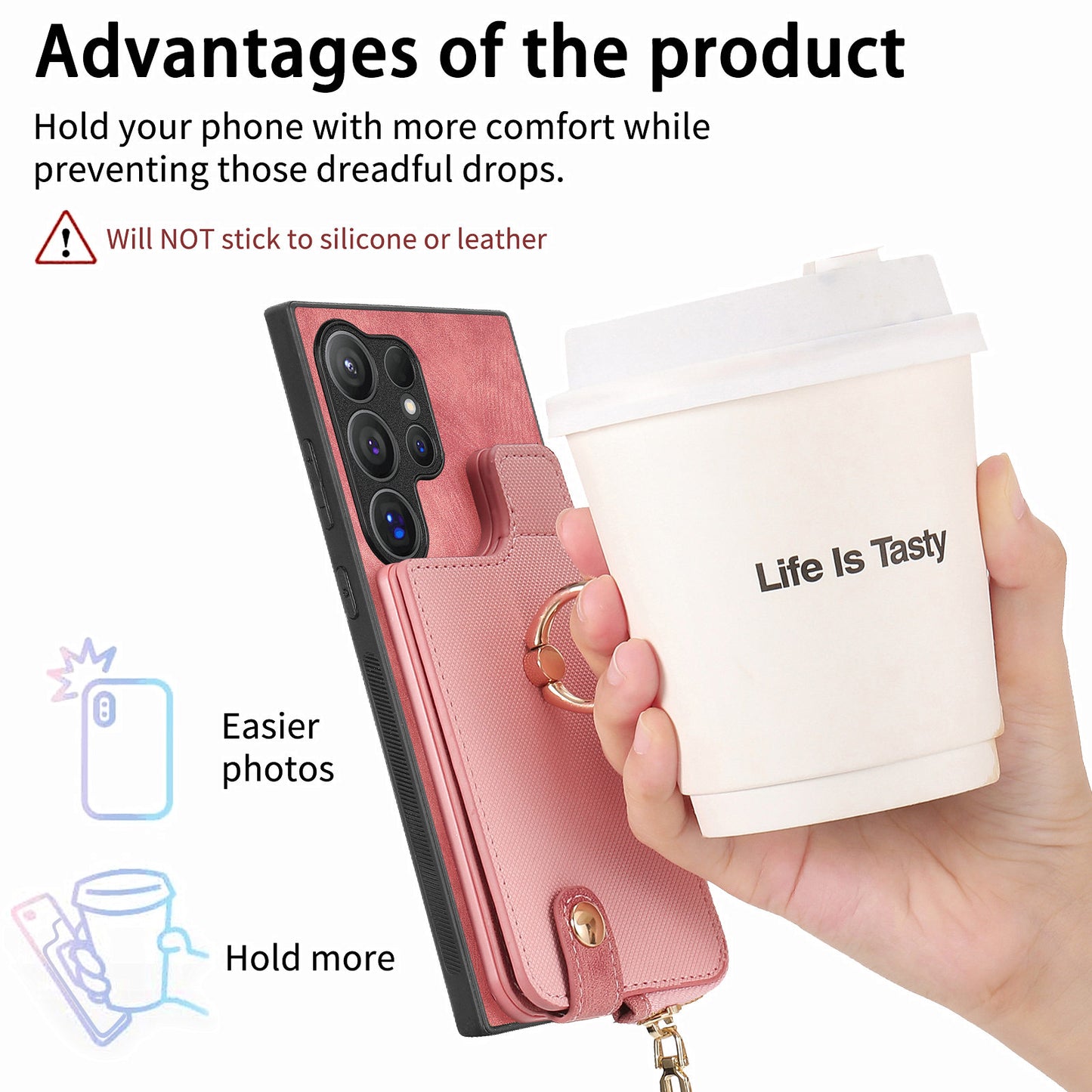 For Samsung Galaxy S24 Ultra Leather Back Case with Vertical Card Holder Ring Kickstand Black - Pink