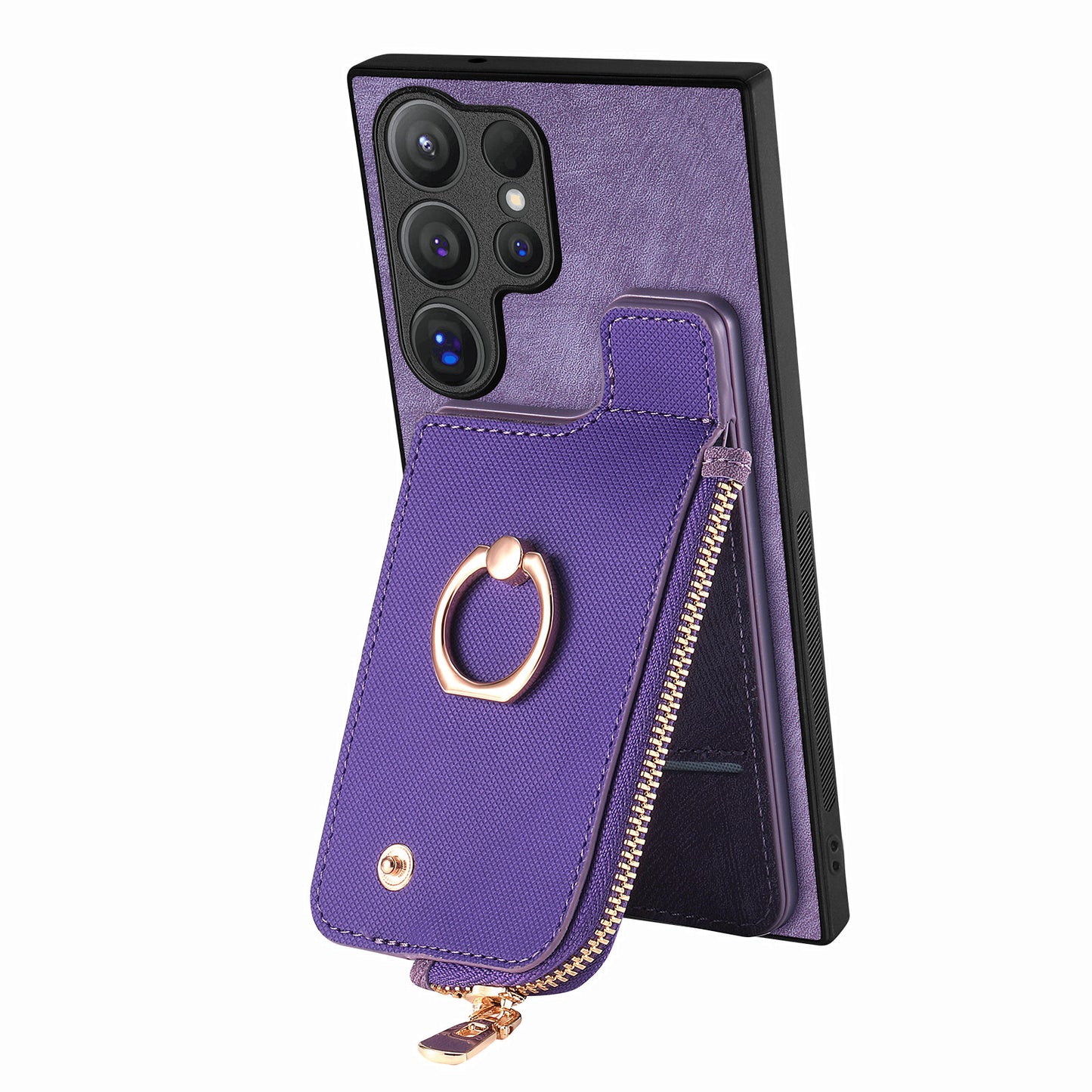 For Samsung Galaxy S24 Ultra Leather Back Case with Vertical Card Holder Ring Kickstand Black - Purple