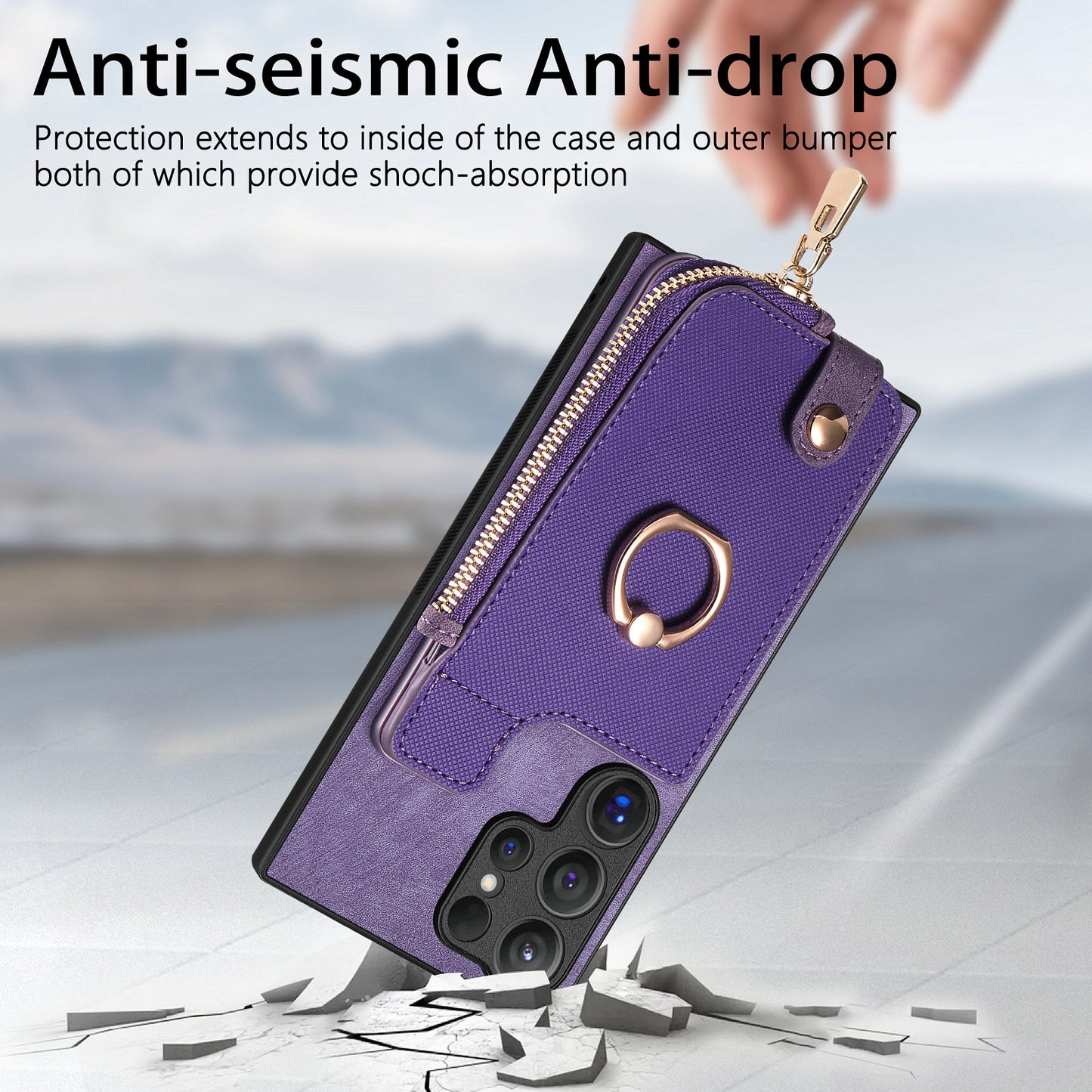 For Samsung Galaxy S24 Ultra Leather Back Case with Vertical Card Holder Ring Kickstand Black - Purple