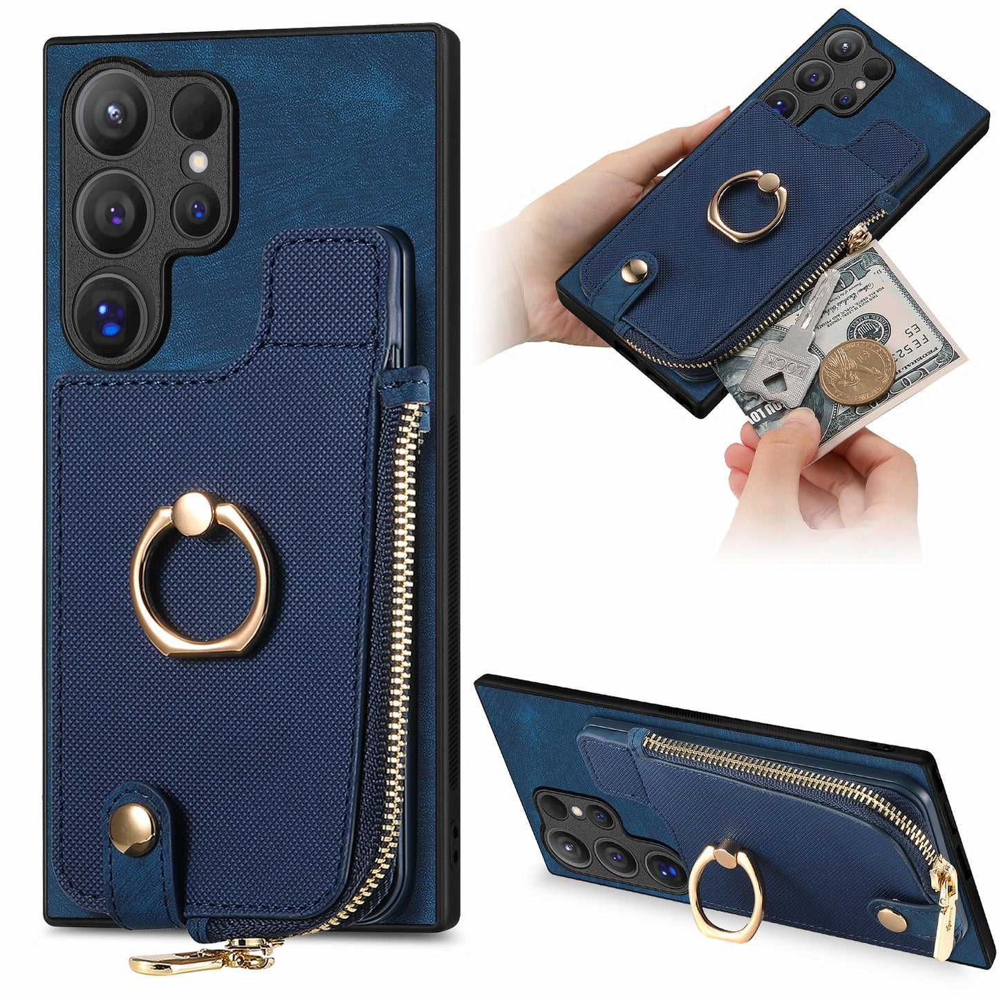 For Samsung Galaxy S24 Ultra Leather Back Case with Vertical Card Holder Ring Kickstand Black - Blue