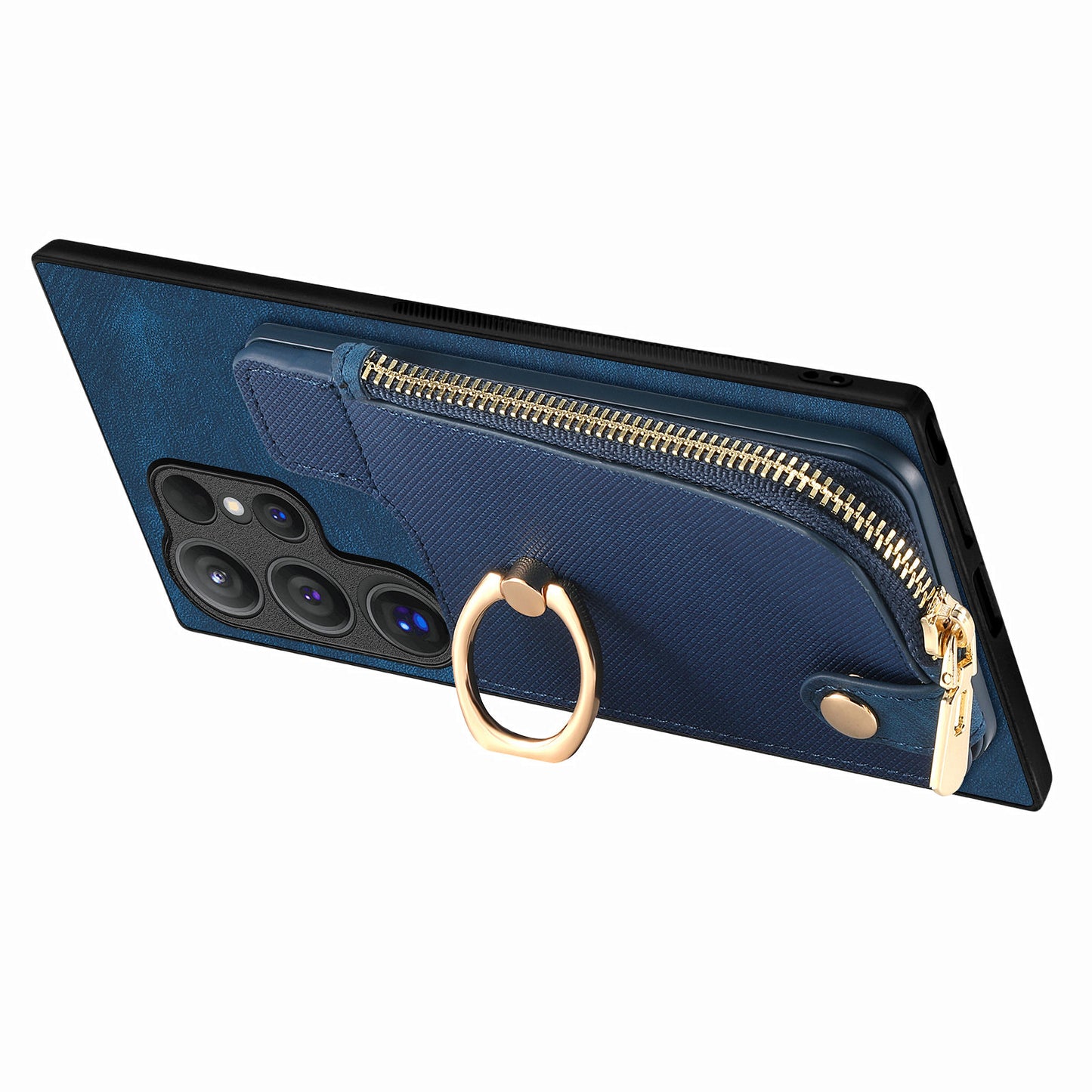 For Samsung Galaxy S24 Ultra Leather Back Case with Vertical Card Holder Ring Kickstand Black - Blue