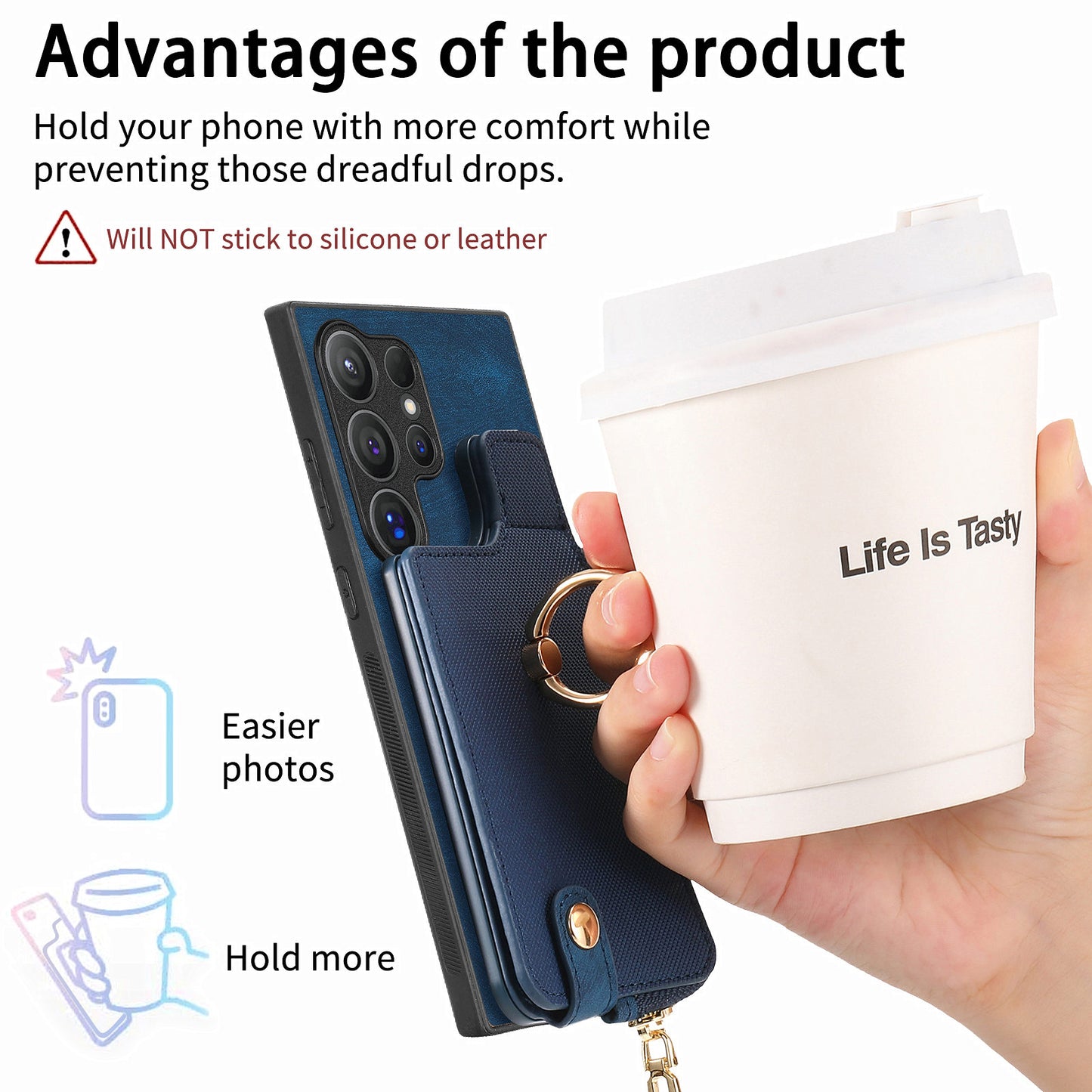 For Samsung Galaxy S24 Ultra Leather Back Case with Vertical Card Holder Ring Kickstand Black - Blue