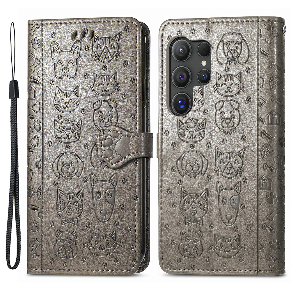 For Samsung Galaxy S24 Ultra Cartoon Wallet Case PU Leather Cat Dog Style Flip Phone Cover - Grey