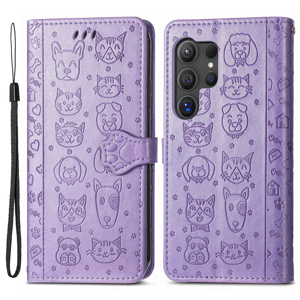For Samsung Galaxy S24 Ultra Cartoon Wallet Case PU Leather Cat Dog Style Flip Phone Cover - Purple