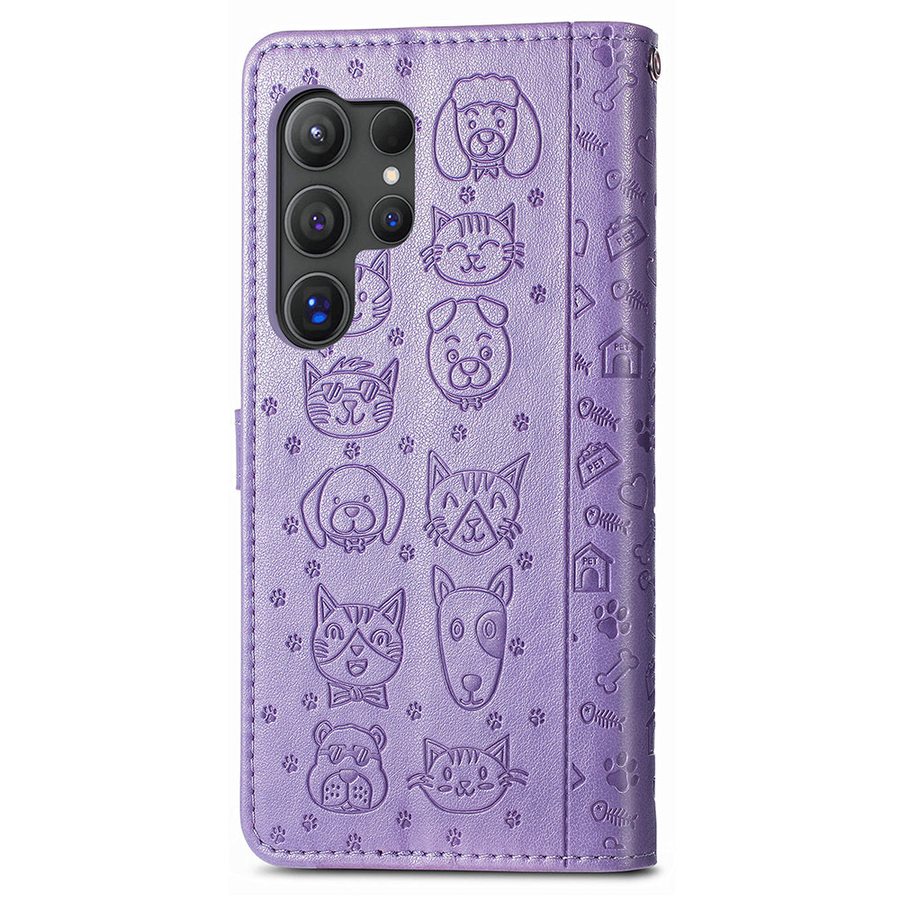 For Samsung Galaxy S24 Ultra Cartoon Wallet Case PU Leather Cat Dog Style Flip Phone Cover - Purple
