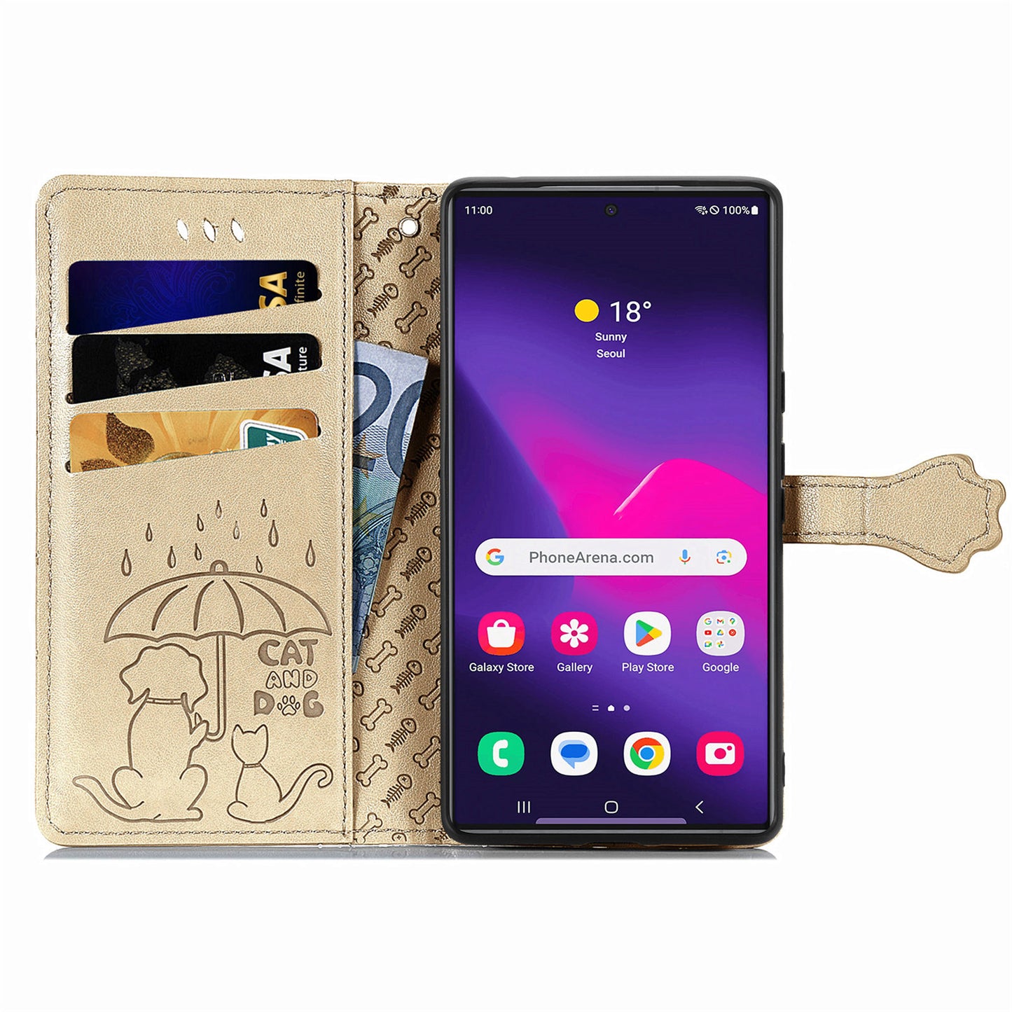 For Samsung Galaxy S24 Ultra Cartoon Wallet Case PU Leather Cat Dog Style Flip Phone Cover - Gold