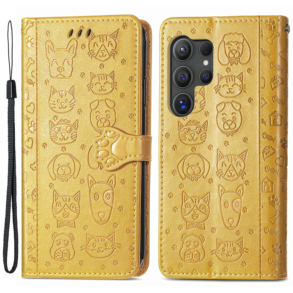 For Samsung Galaxy S24 Ultra Cartoon Wallet Case PU Leather Cat Dog Style Flip Phone Cover - Yellow