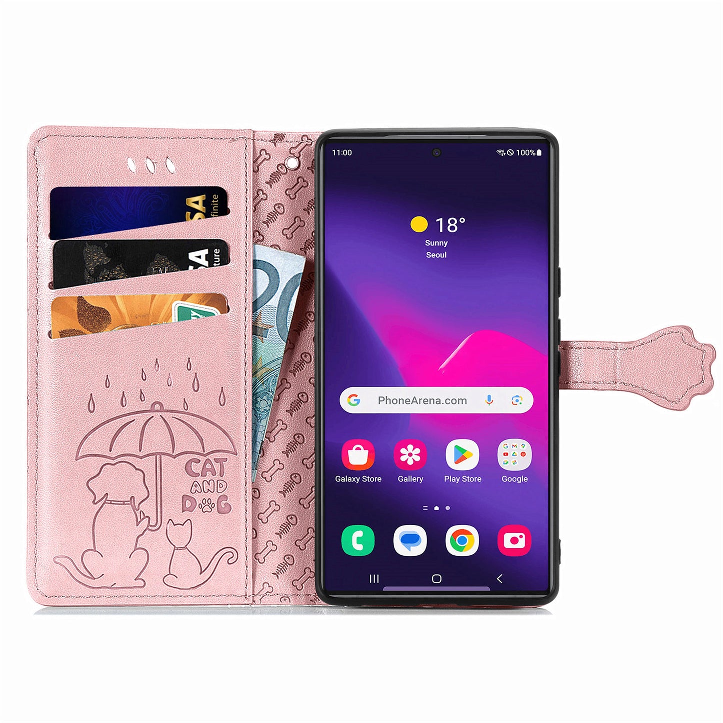For Samsung Galaxy S24 Ultra Cartoon Wallet Case PU Leather Cat Dog Style Flip Phone Cover - Rose Gold