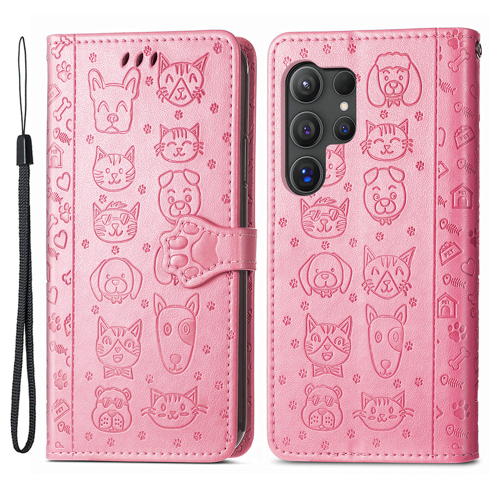 For Samsung Galaxy S24 Ultra Cartoon Wallet Case PU Leather Cat Dog Style Flip Phone Cover - Pink