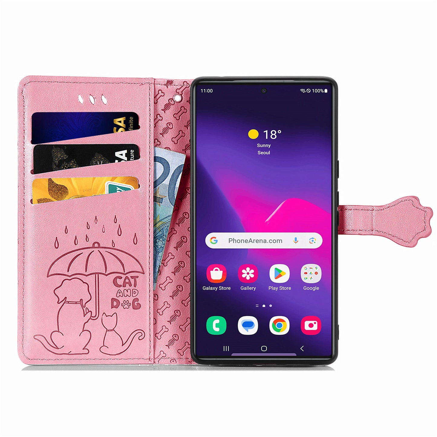 For Samsung Galaxy S24 Ultra Cartoon Wallet Case PU Leather Cat Dog Style Flip Phone Cover - Pink