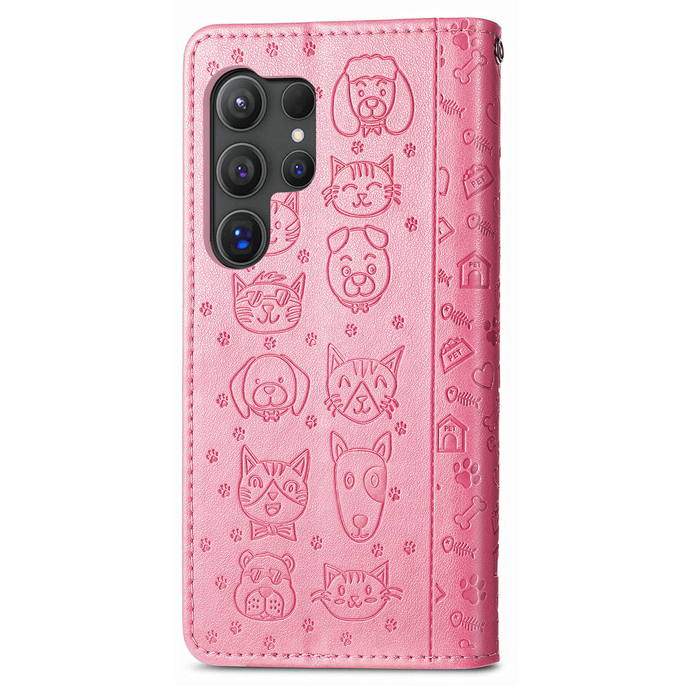 For Samsung Galaxy S24 Ultra Cartoon Wallet Case PU Leather Cat Dog Style Flip Phone Cover - Pink