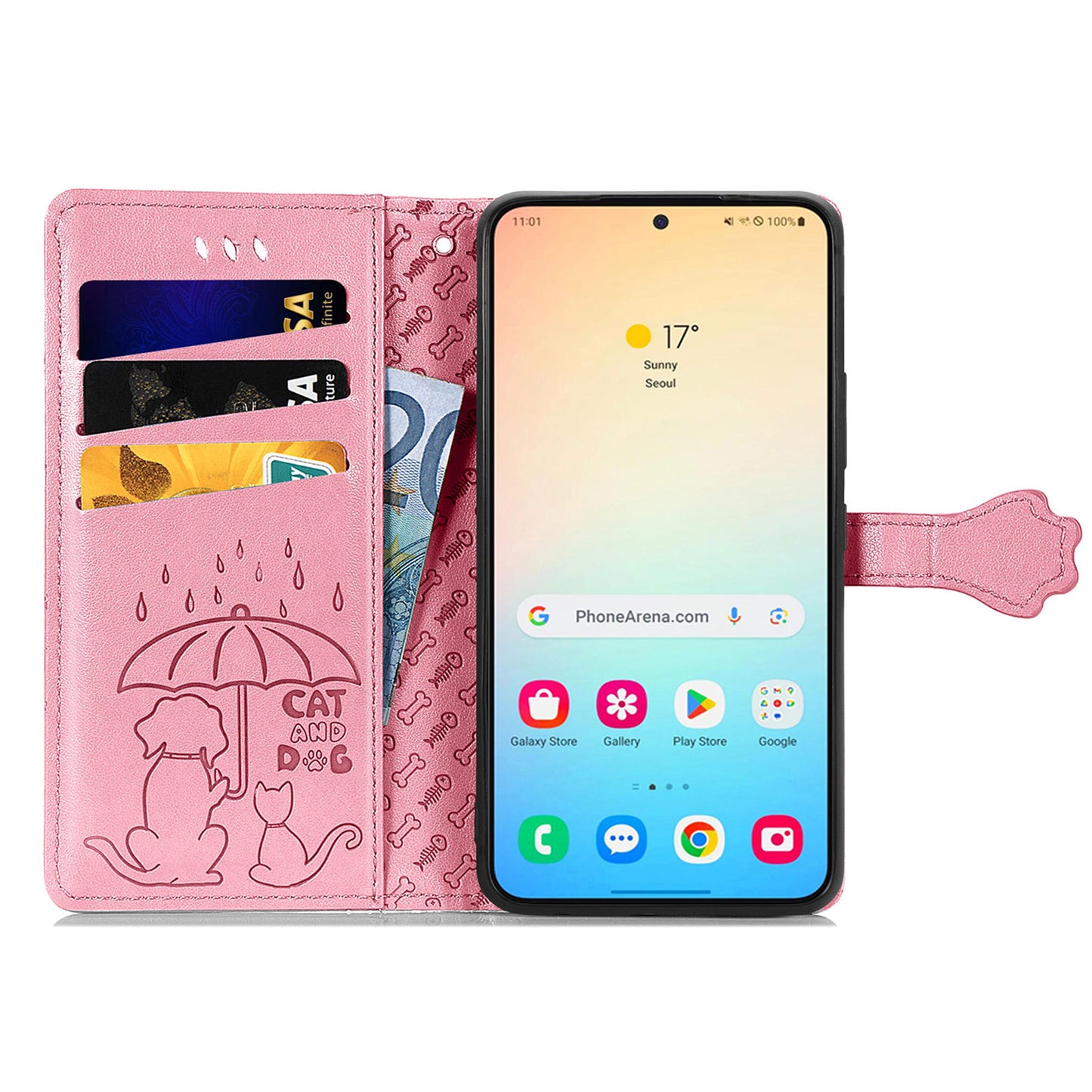 For Samsung Galaxy S24+ Phone Case Imprinted Cat and Dog PU Leather Magnetic Clasp Cover - Pink
