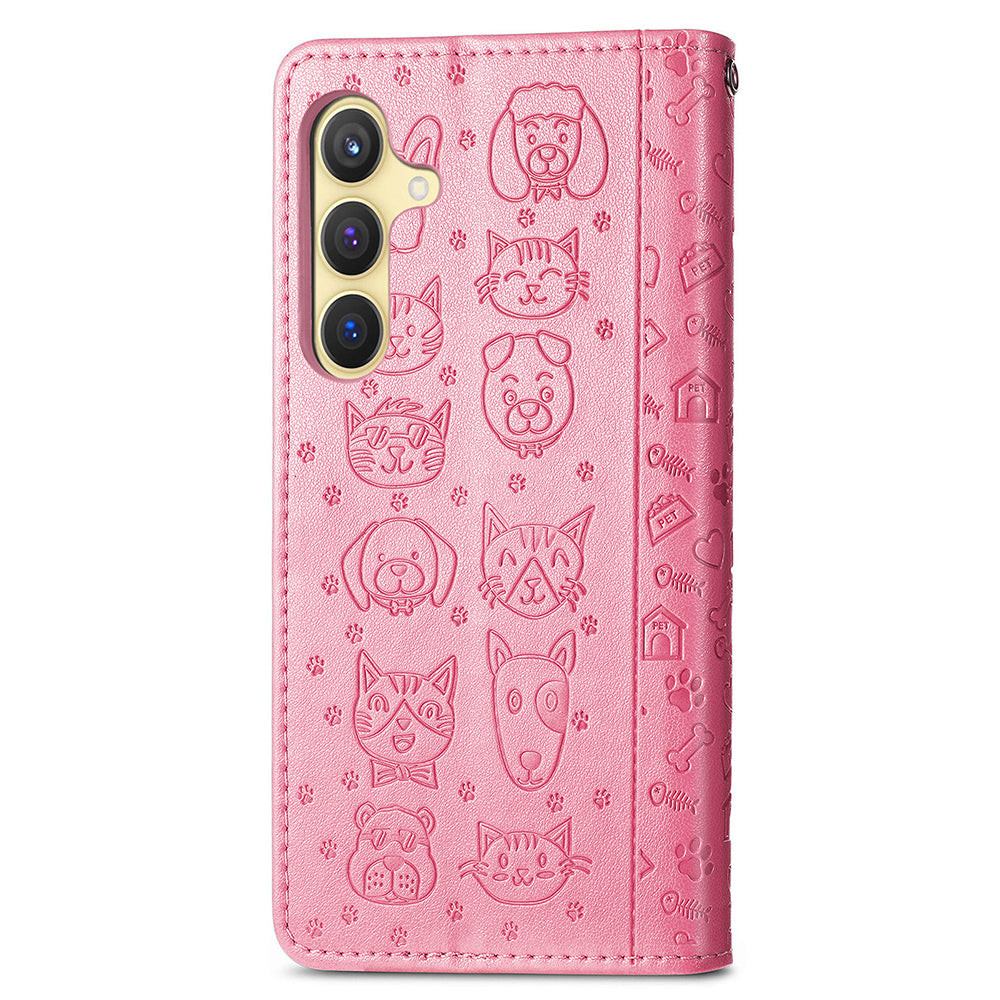 For Samsung Galaxy S24+ Phone Case Imprinted Cat and Dog PU Leather Magnetic Clasp Cover - Pink