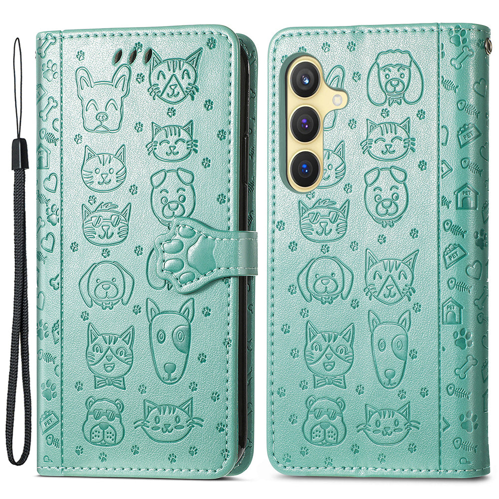 For Samsung Galaxy S24+ Phone Case Imprinted Cat and Dog PU Leather Magnetic Clasp Cover - Green
