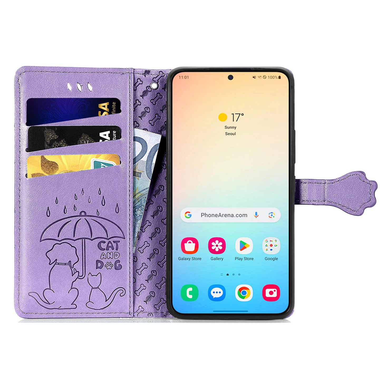 For Samsung Galaxy S24+ Phone Case Imprinted Cat and Dog PU Leather Magnetic Clasp Cover - Purple
