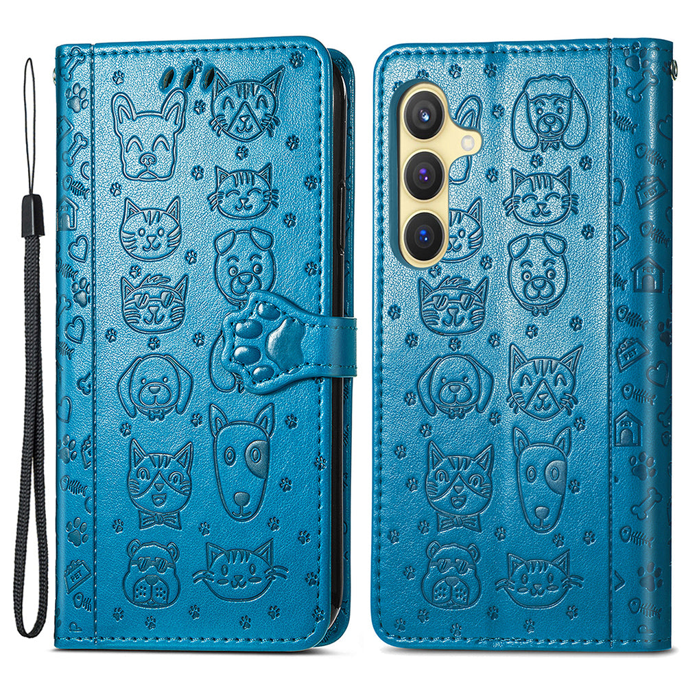 For Samsung Galaxy S24 Cat Dog Pattern PU Leather Case Stand Wrist Strap Phone Cover - Blue