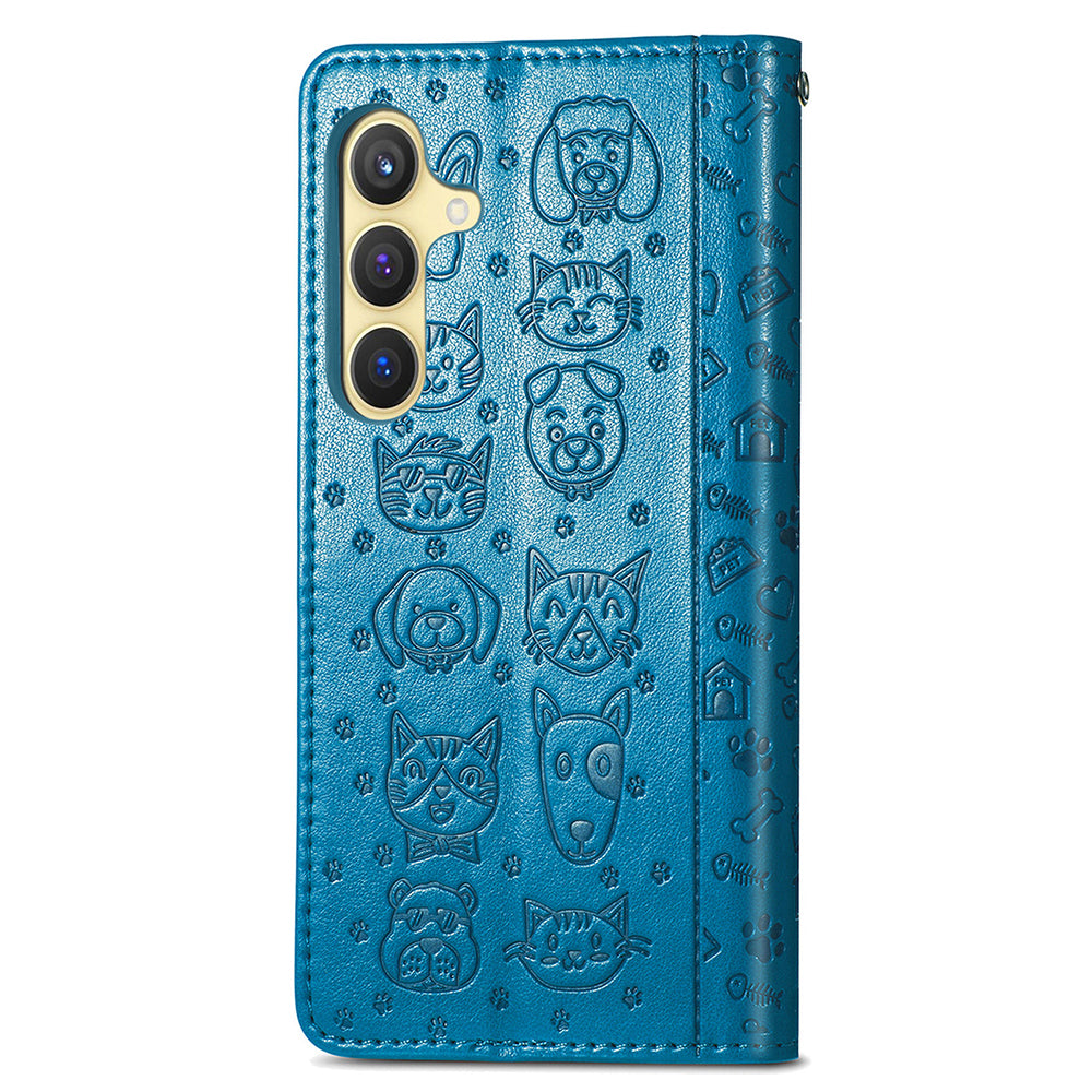 For Samsung Galaxy S24 Cat Dog Pattern PU Leather Case Stand Wrist Strap Phone Cover - Blue