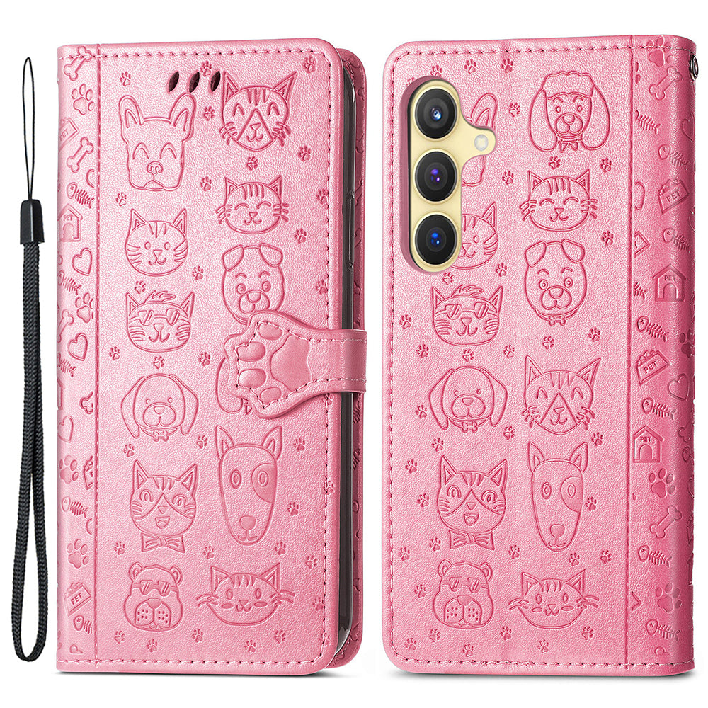 For Samsung Galaxy S24 Cat Dog Pattern PU Leather Case Stand Wrist Strap Phone Cover - Pink