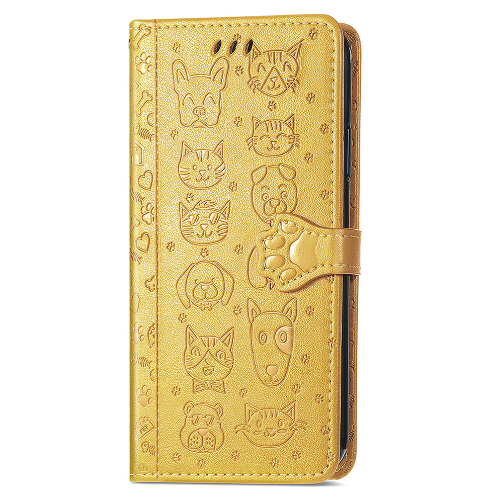 For Samsung Galaxy S24 Cat Dog Pattern PU Leather Case Stand Wrist Strap Phone Cover - Yellow