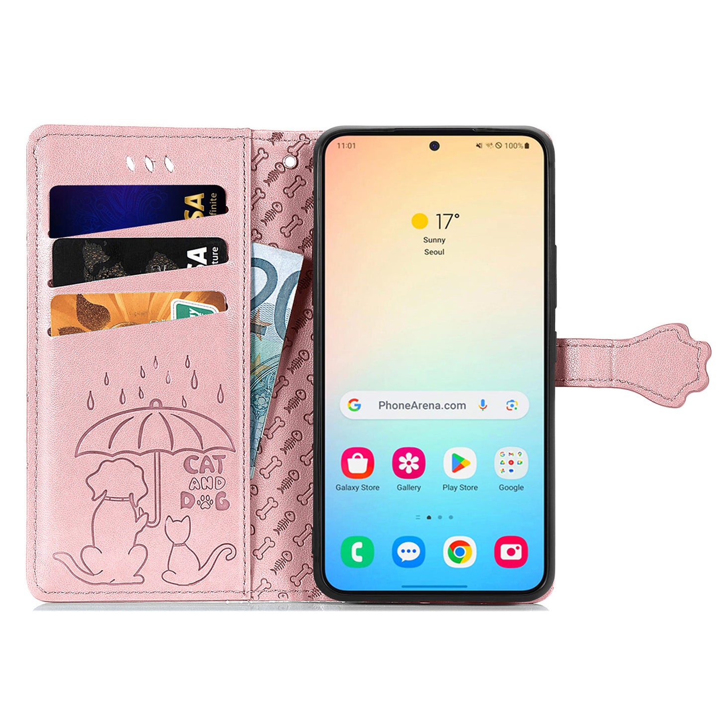 For Samsung Galaxy S24 Cat Dog Pattern PU Leather Case Stand Wrist Strap Phone Cover - Rose Gold
