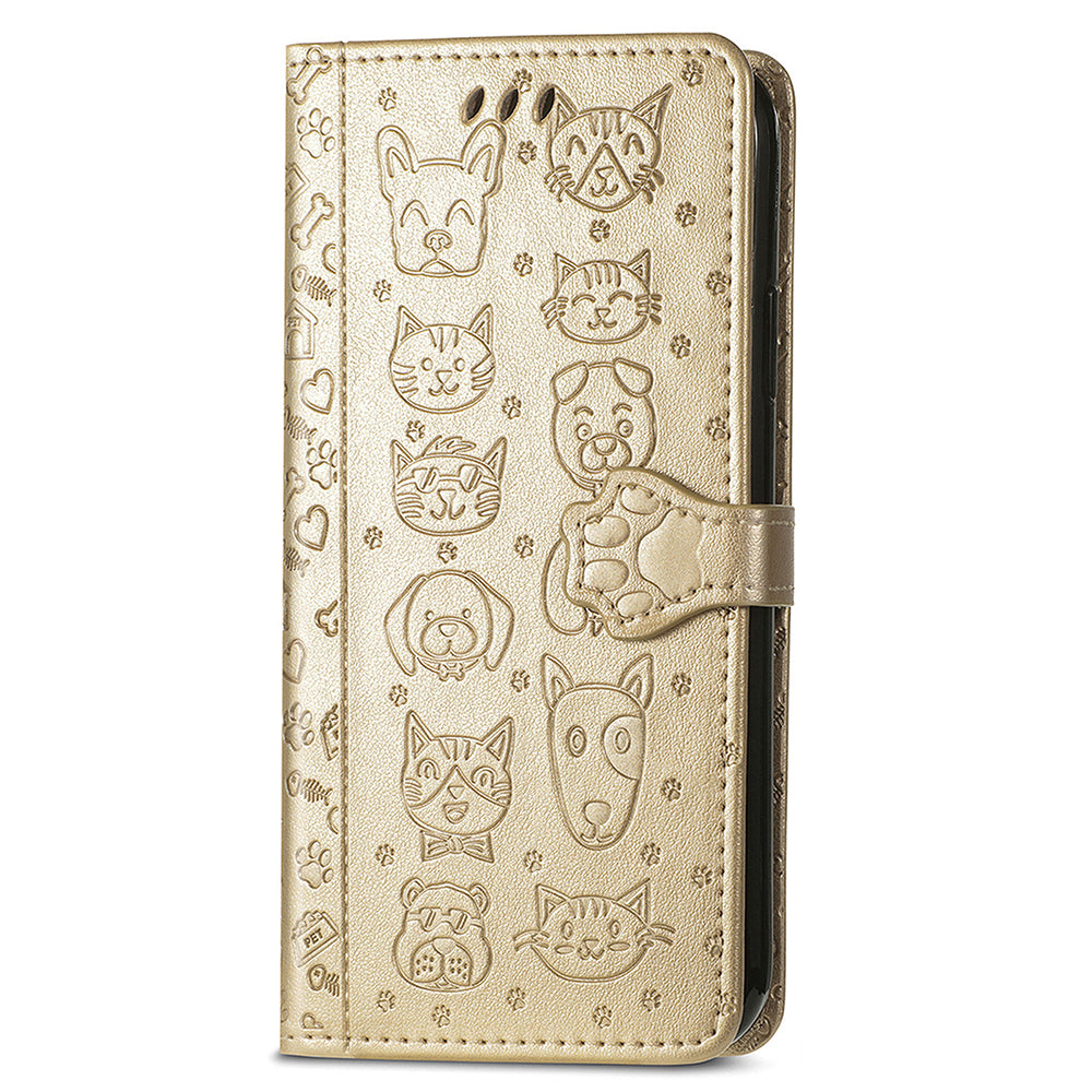 For Samsung Galaxy S24 Cat Dog Pattern PU Leather Case Stand Wrist Strap Phone Cover - Gold