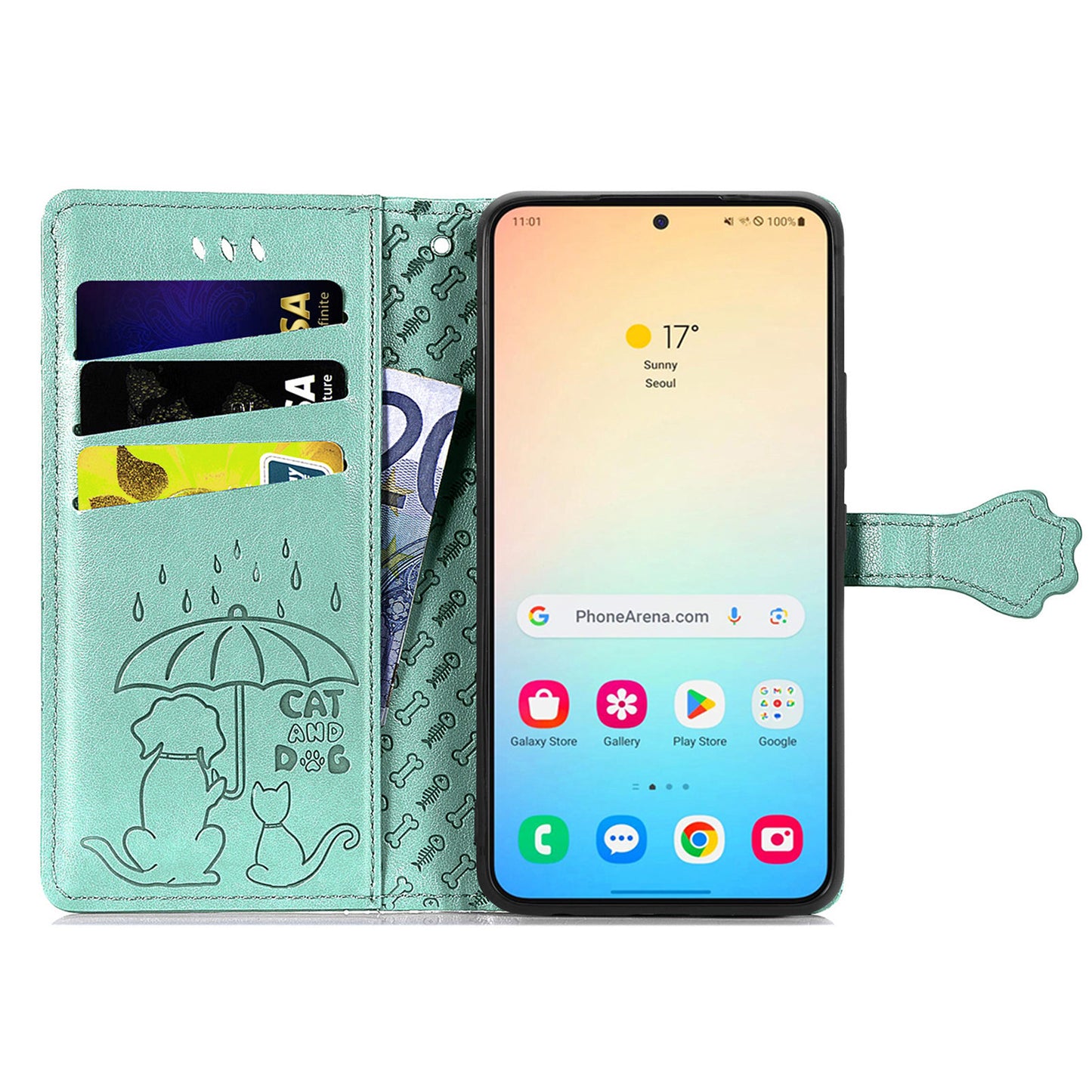 For Samsung Galaxy S24 Cat Dog Pattern PU Leather Case Stand Wrist Strap Phone Cover - Green