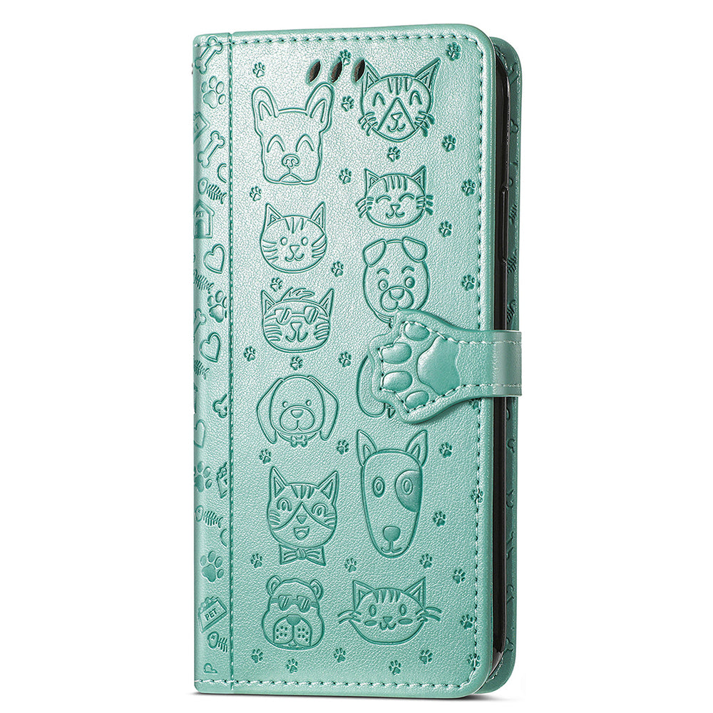 For Samsung Galaxy S24 Cat Dog Pattern PU Leather Case Stand Wrist Strap Phone Cover - Green