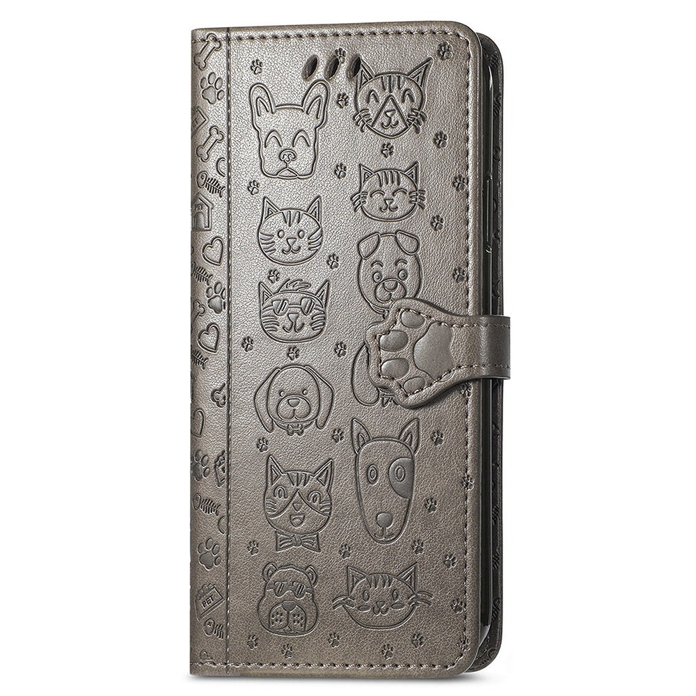For Samsung Galaxy S24 Cat Dog Pattern PU Leather Case Stand Wrist Strap Phone Cover - Grey