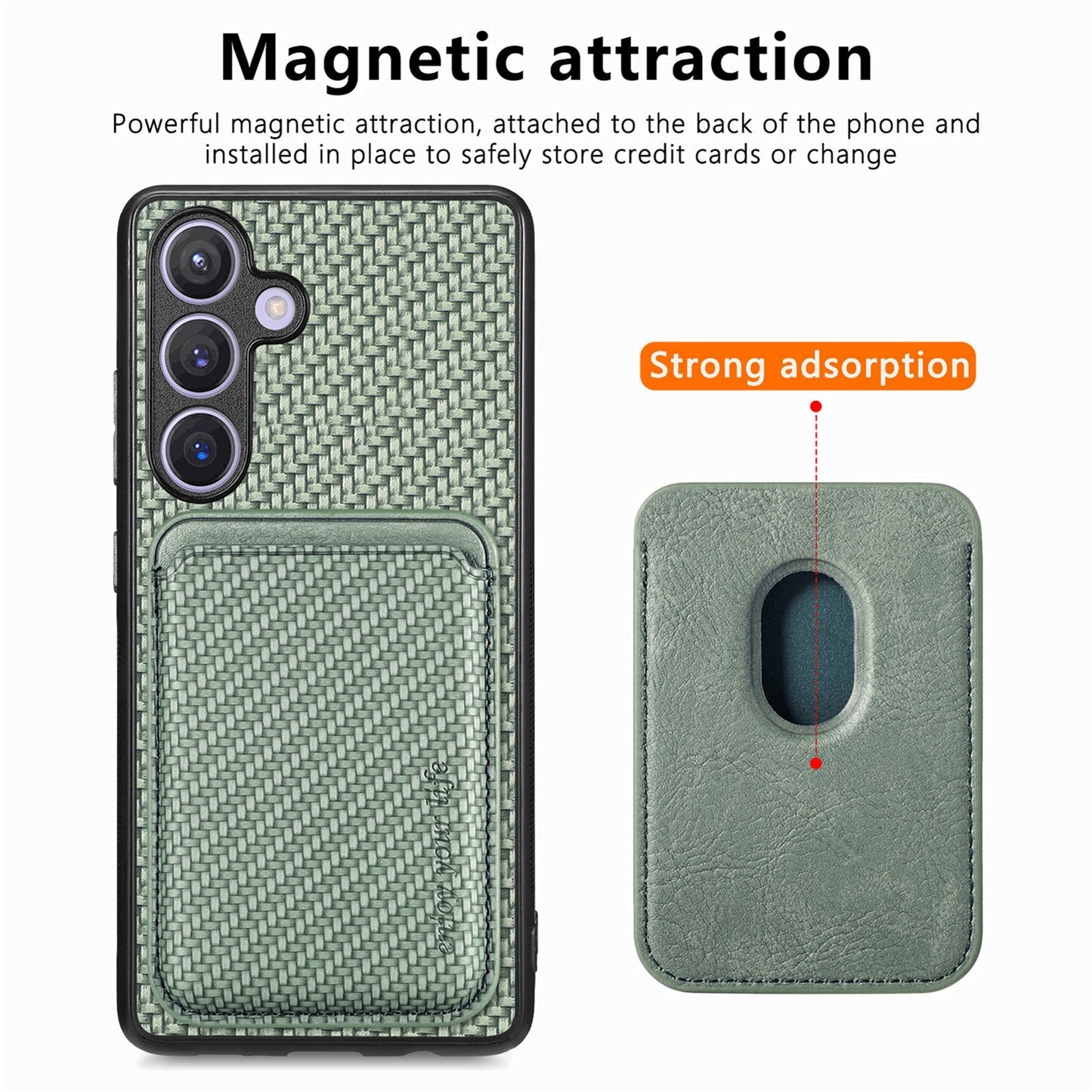 For Samsung Galaxy S24+ Back Case PU+PC+TPU Cover with Magnetic Detachable Card Holder - Green
