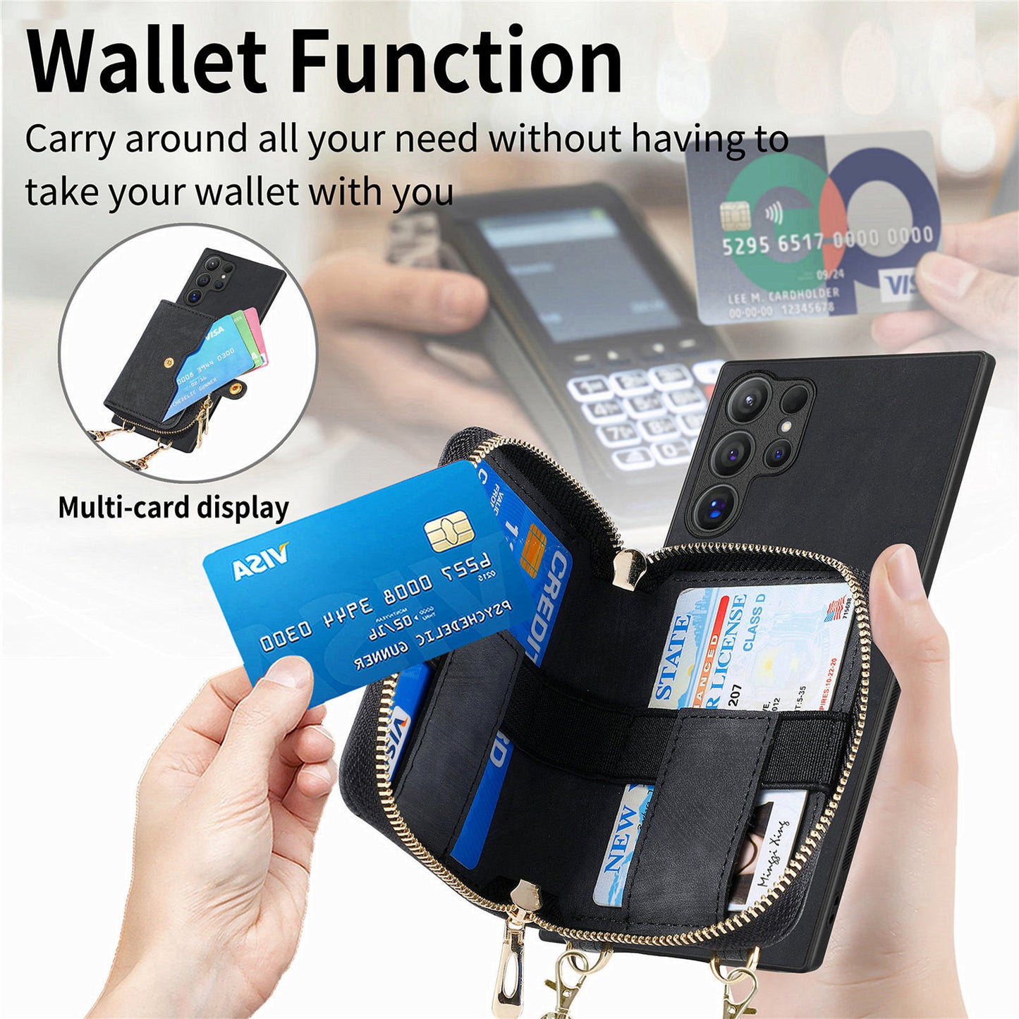 Crossbody Zipper Wallet Case for Samsung Galaxy S24 Ultra Kickstand Phone Cover with 7 Card Holder - Black