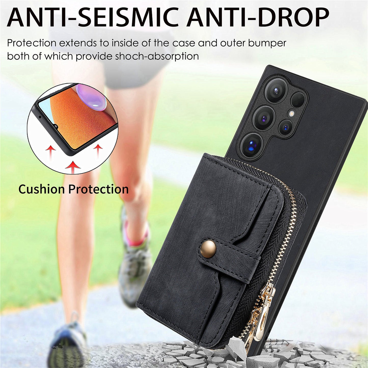 Crossbody Zipper Wallet Case for Samsung Galaxy S24 Ultra Kickstand Phone Cover with 7 Card Holder - Black