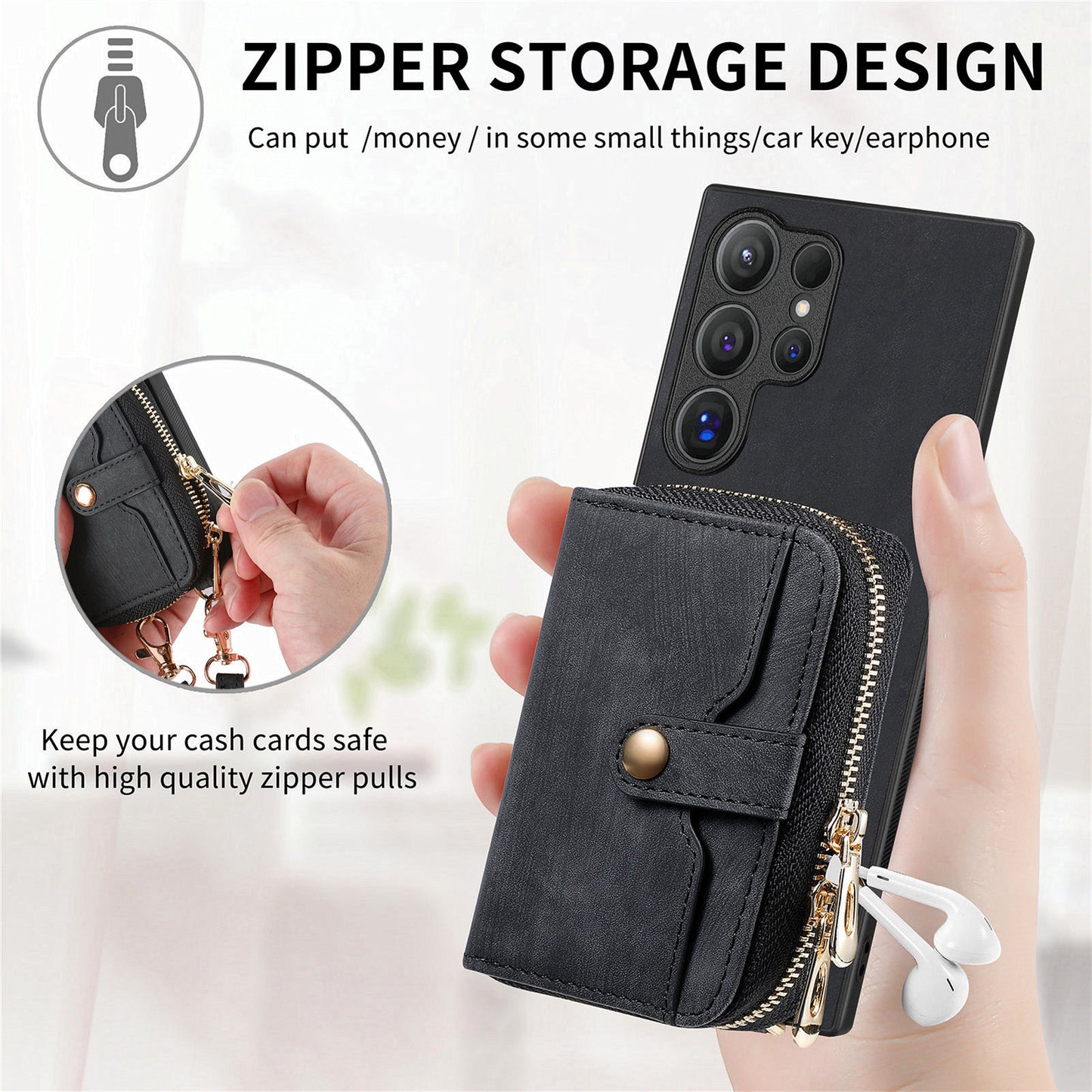 Crossbody Zipper Wallet Case for Samsung Galaxy S24 Ultra Kickstand Phone Cover with 7 Card Holder - Black