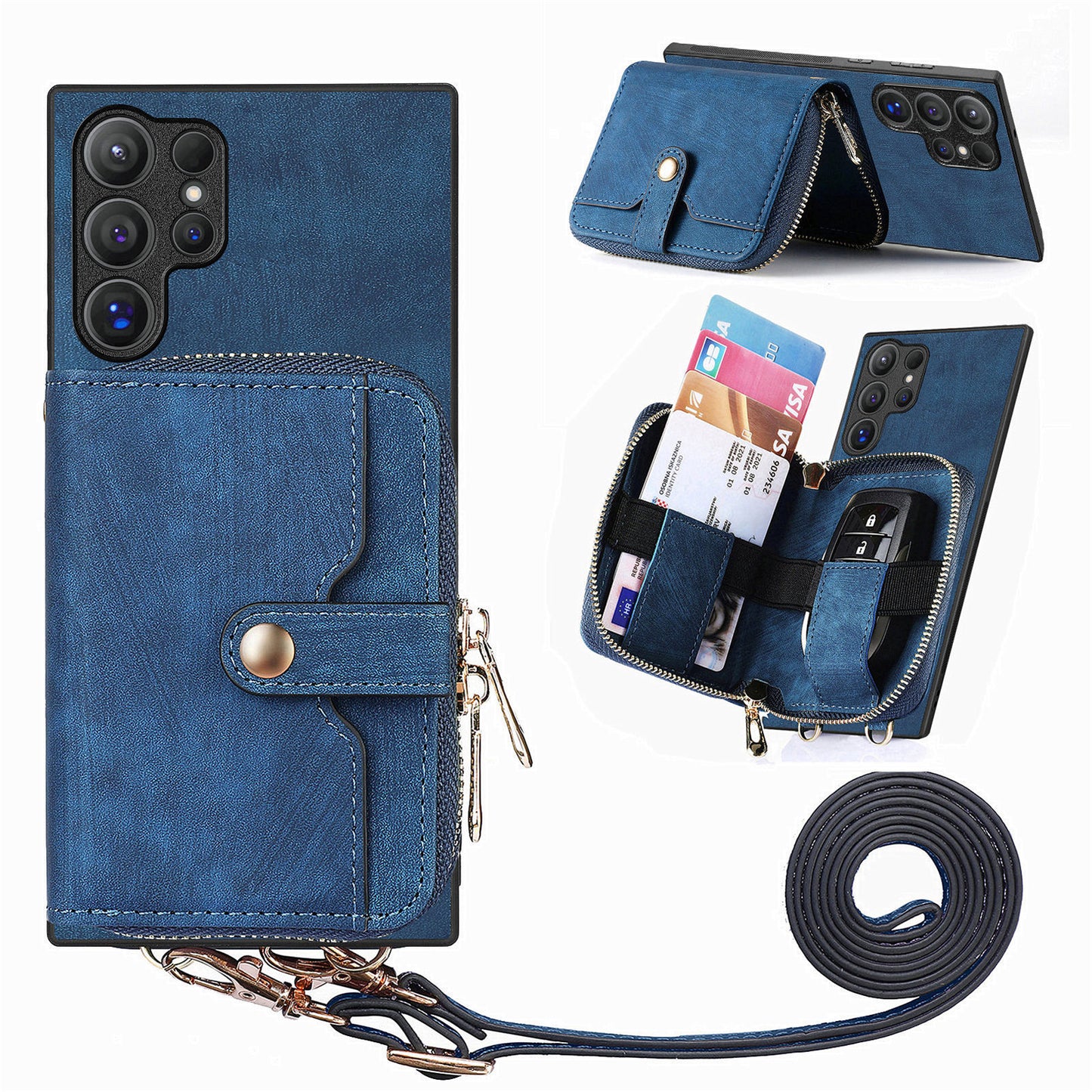 Crossbody Zipper Wallet Case for Samsung Galaxy S24 Ultra Kickstand Phone Cover with 7 Card Holder - Dark Blue