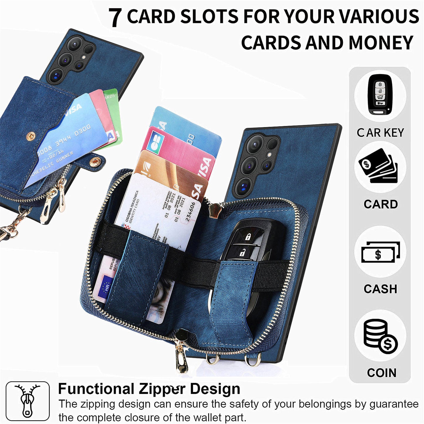 Crossbody Zipper Wallet Case for Samsung Galaxy S24 Ultra Kickstand Phone Cover with 7 Card Holder - Dark Blue