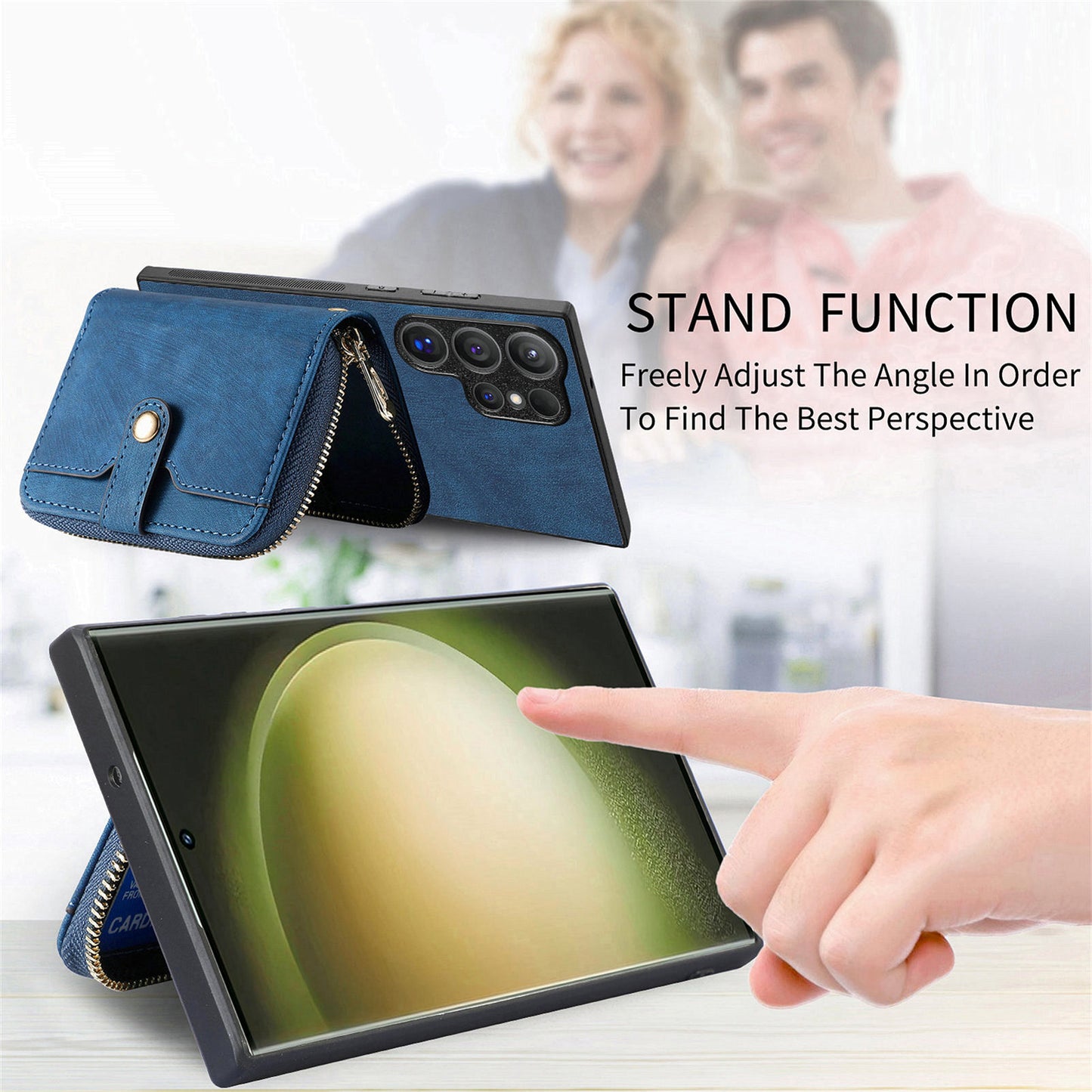 Crossbody Zipper Wallet Case for Samsung Galaxy S24 Ultra Kickstand Phone Cover with 7 Card Holder - Dark Blue