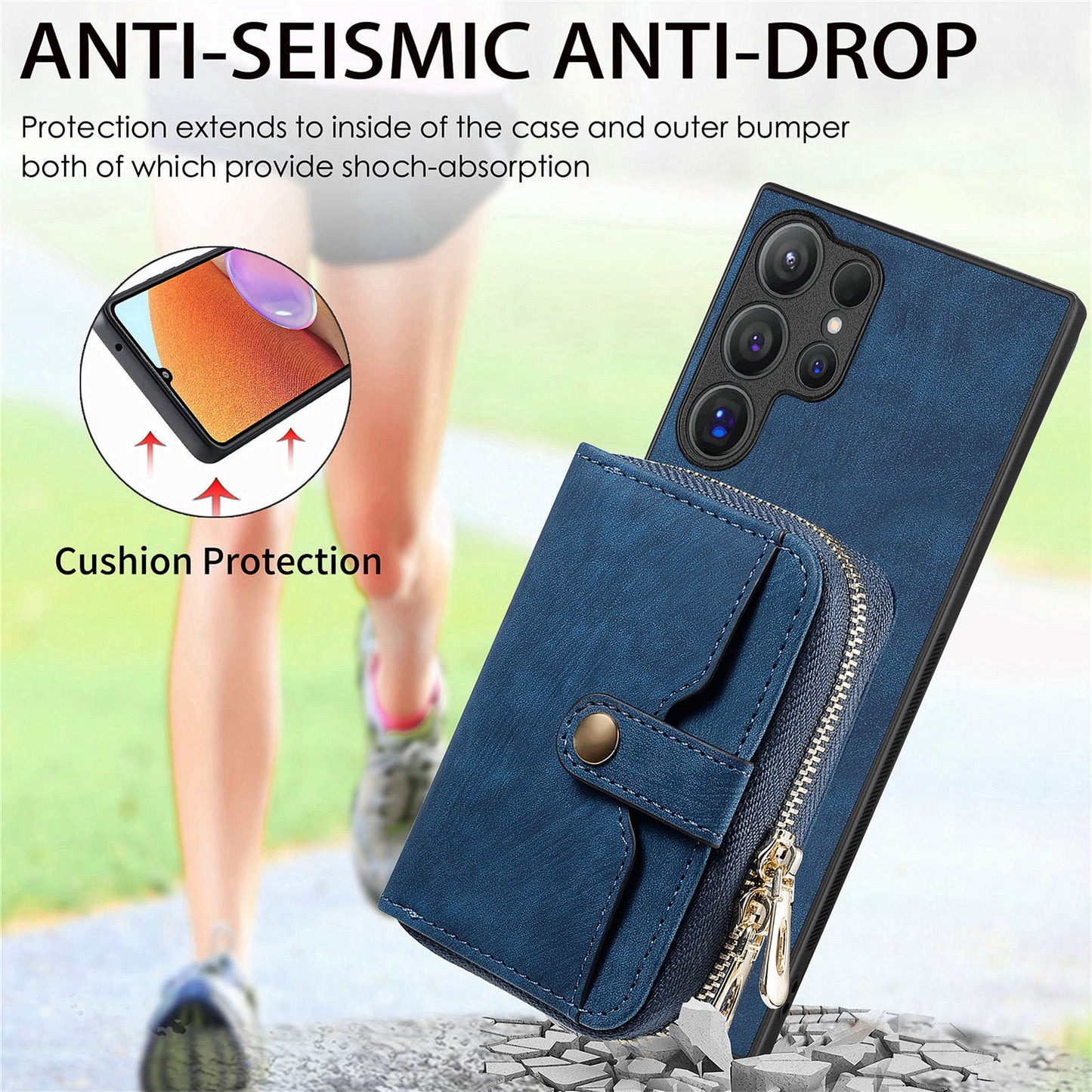Crossbody Zipper Wallet Case for Samsung Galaxy S24 Ultra Kickstand Phone Cover with 7 Card Holder - Dark Blue