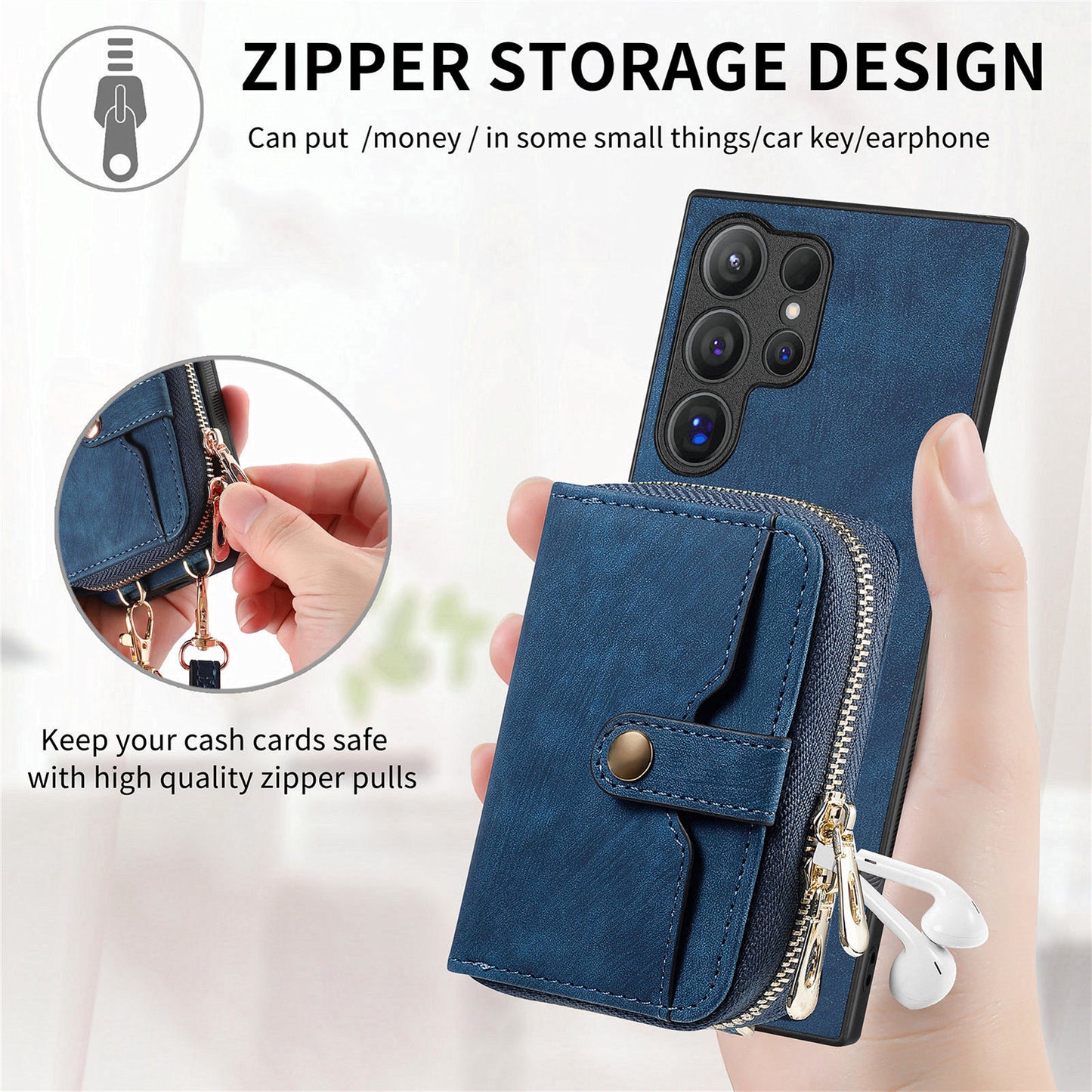 Crossbody Zipper Wallet Case for Samsung Galaxy S24 Ultra Kickstand Phone Cover with 7 Card Holder - Dark Blue