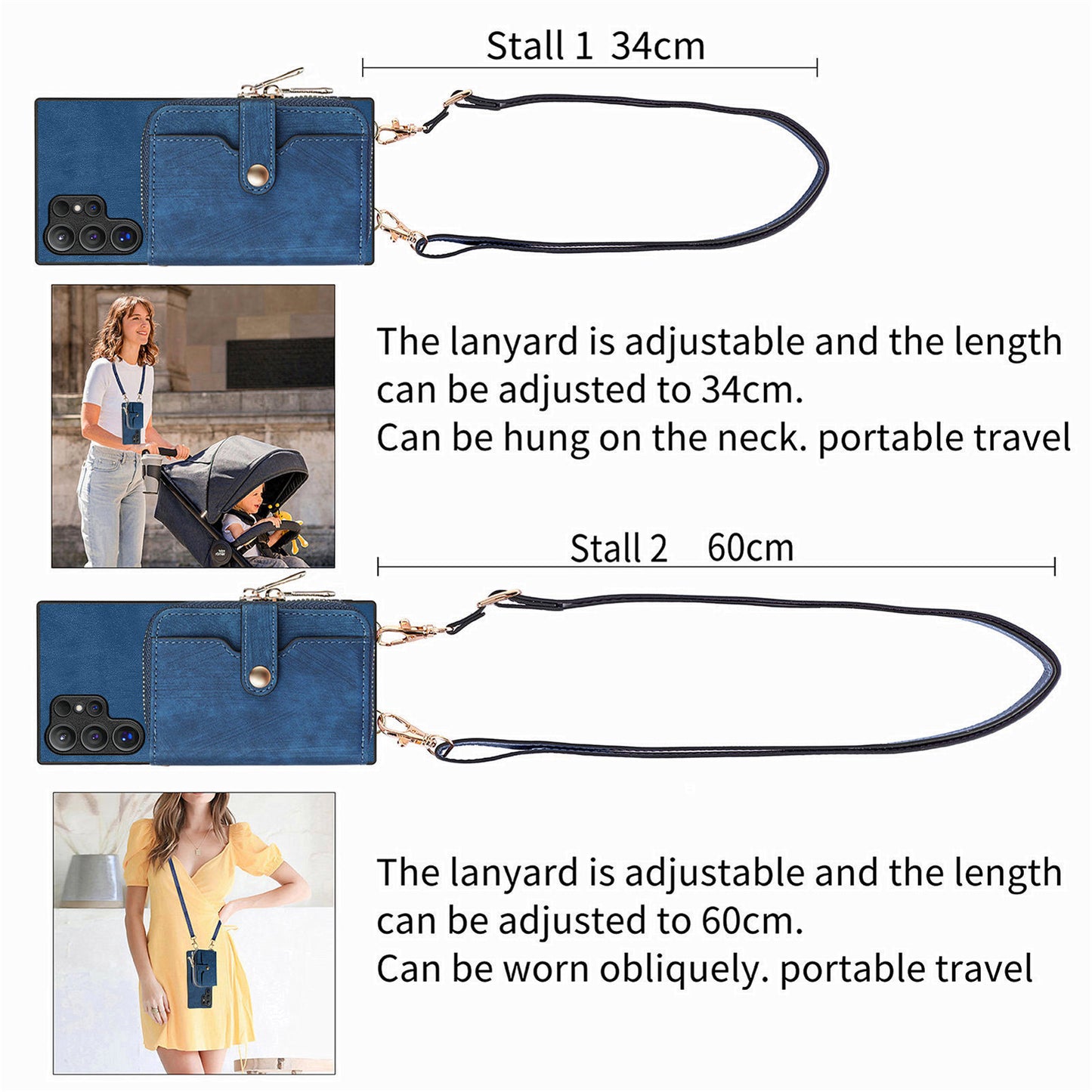 Crossbody Zipper Wallet Case for Samsung Galaxy S24 Ultra Kickstand Phone Cover with 7 Card Holder - Dark Blue
