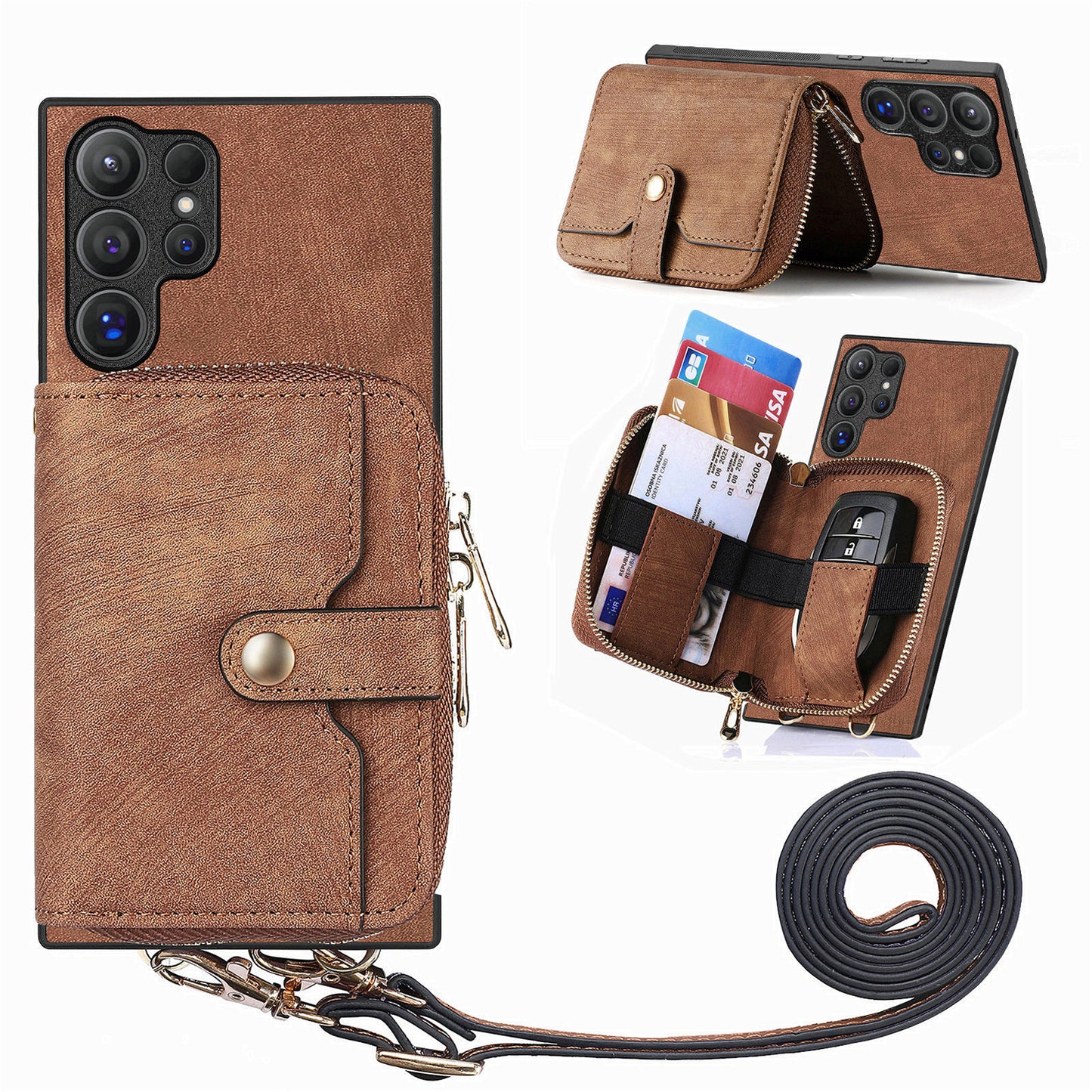 Crossbody Zipper Wallet Case for Samsung Galaxy S24 Ultra Kickstand Phone Cover with 7 Card Holder - Brown