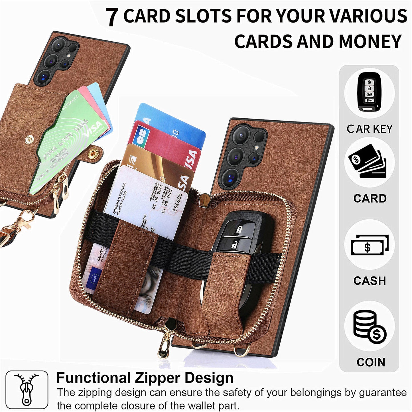 Crossbody Zipper Wallet Case for Samsung Galaxy S24 Ultra Kickstand Phone Cover with 7 Card Holder - Brown